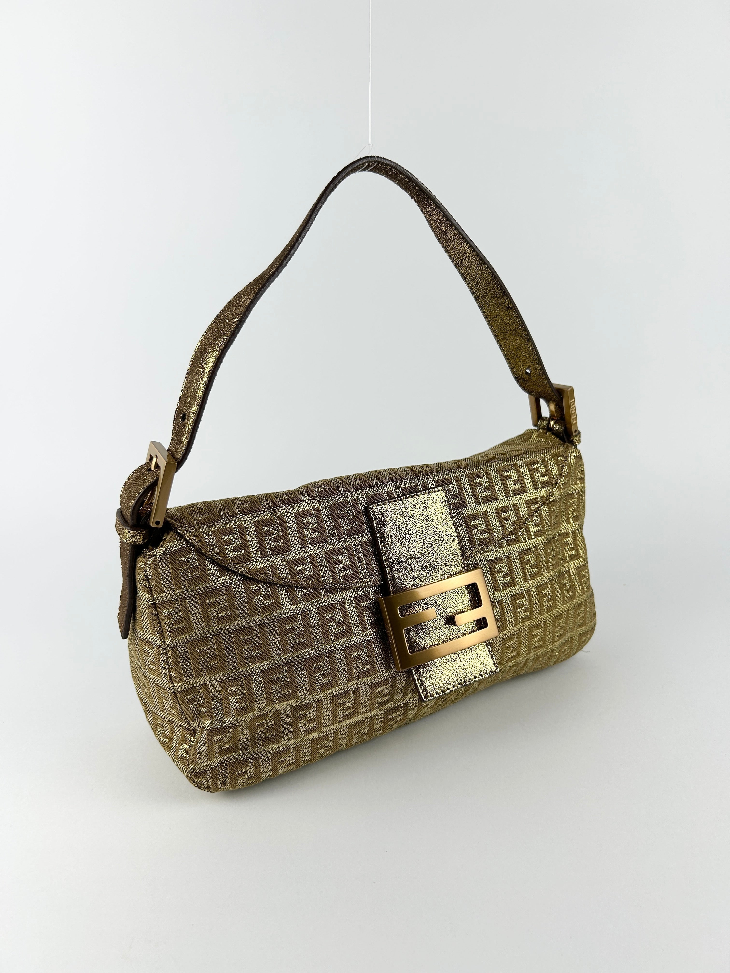 Vintage Fendi Zucca Lurex Gold Baguette Shoulder Bag