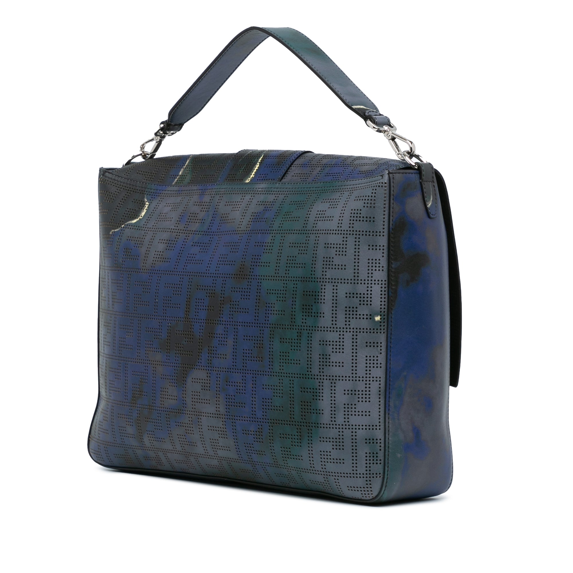 Blue Fendi Large Zucca Perforated Leather Baguette Satchel