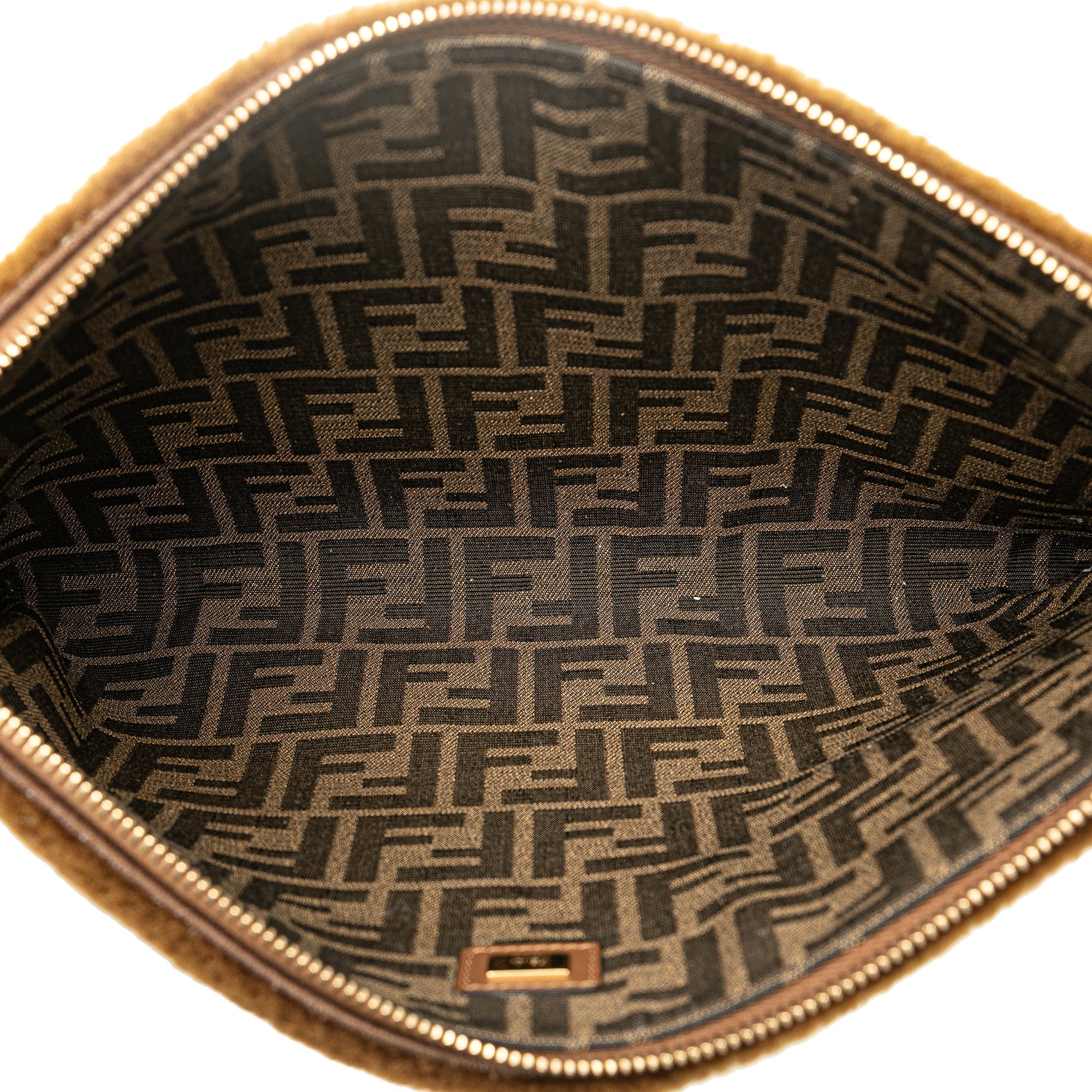 Brown Fendi Shearling FF Flat Pouch Clutch Bag