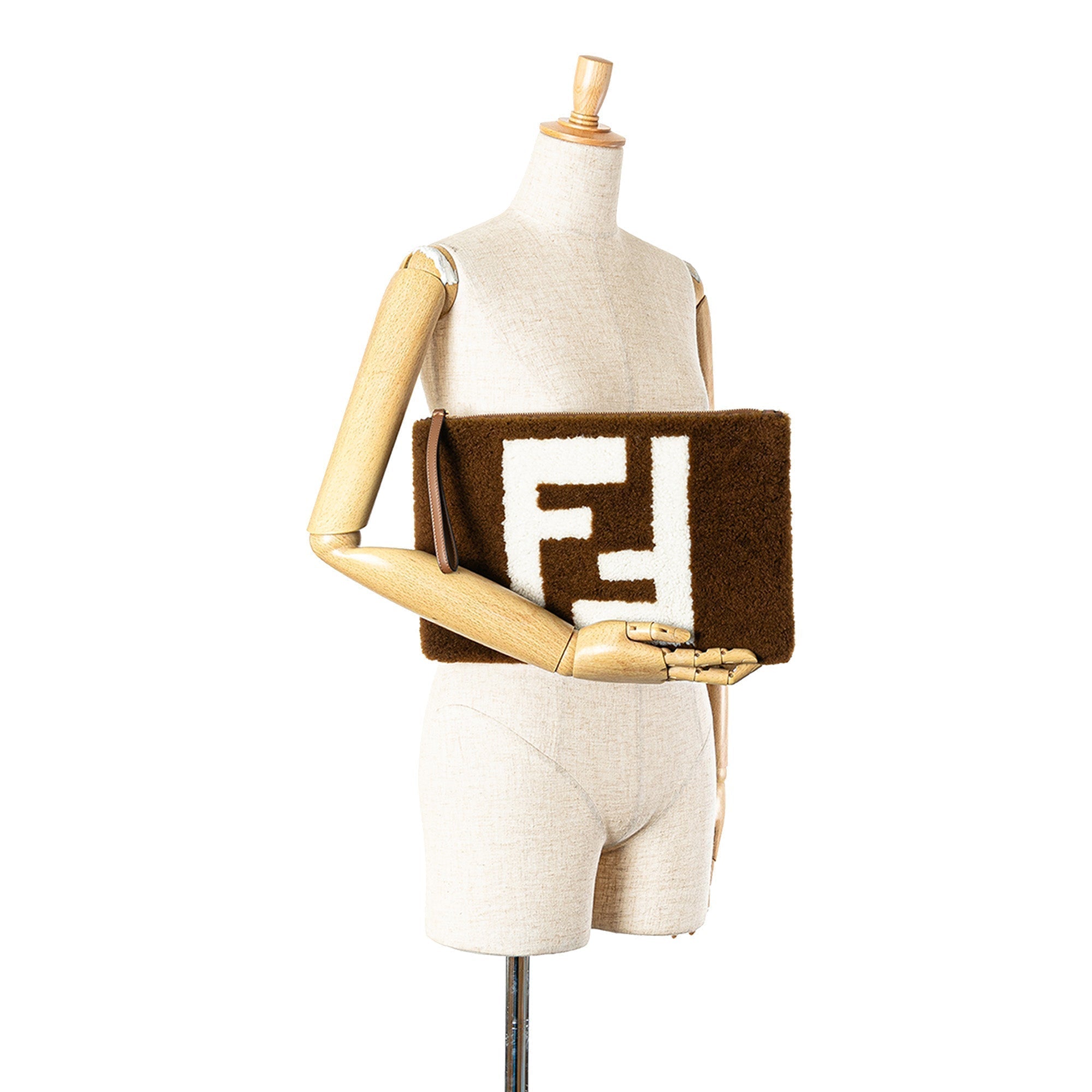 Brown Fendi Shearling FF Flat Pouch Clutch Bag