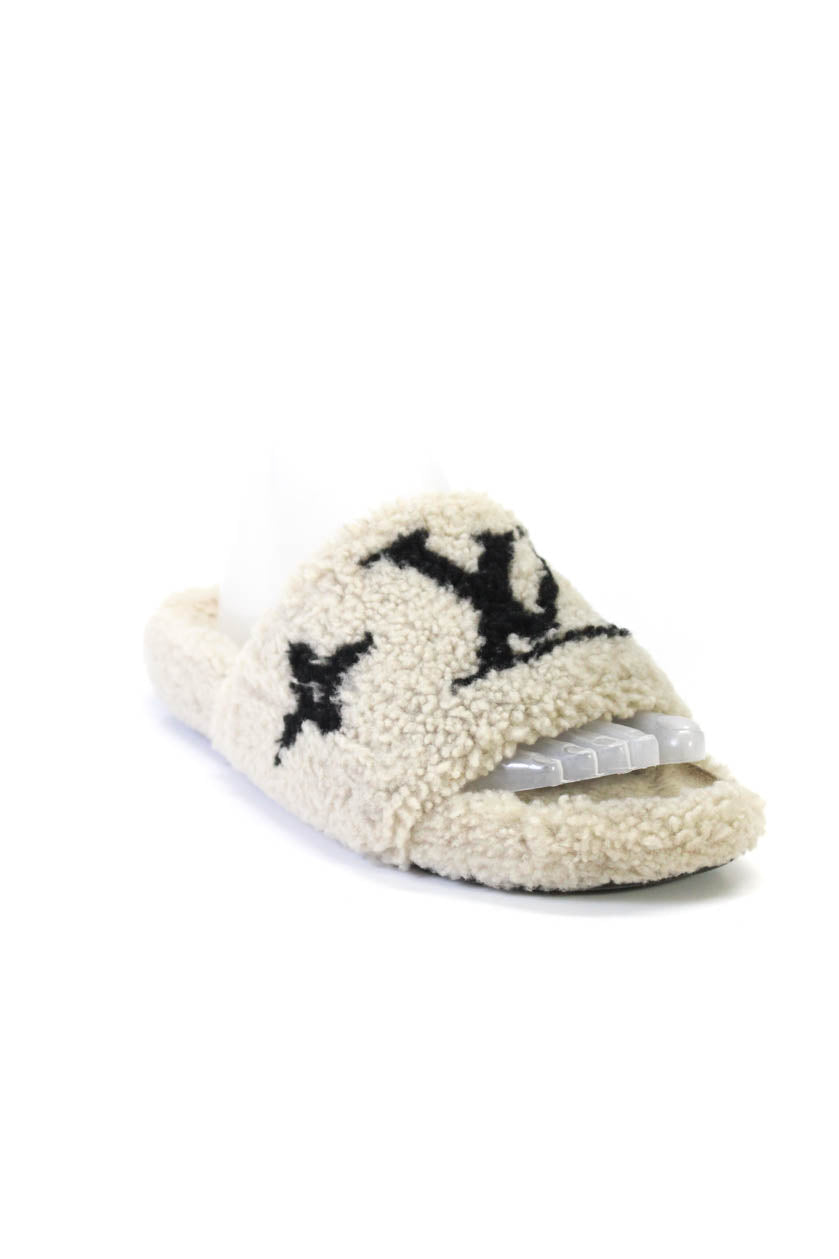 Louis Vuitton Womens Monogram Sherpa Fur Bom Dia Slides Sandals Black Beige 38.5 8.5