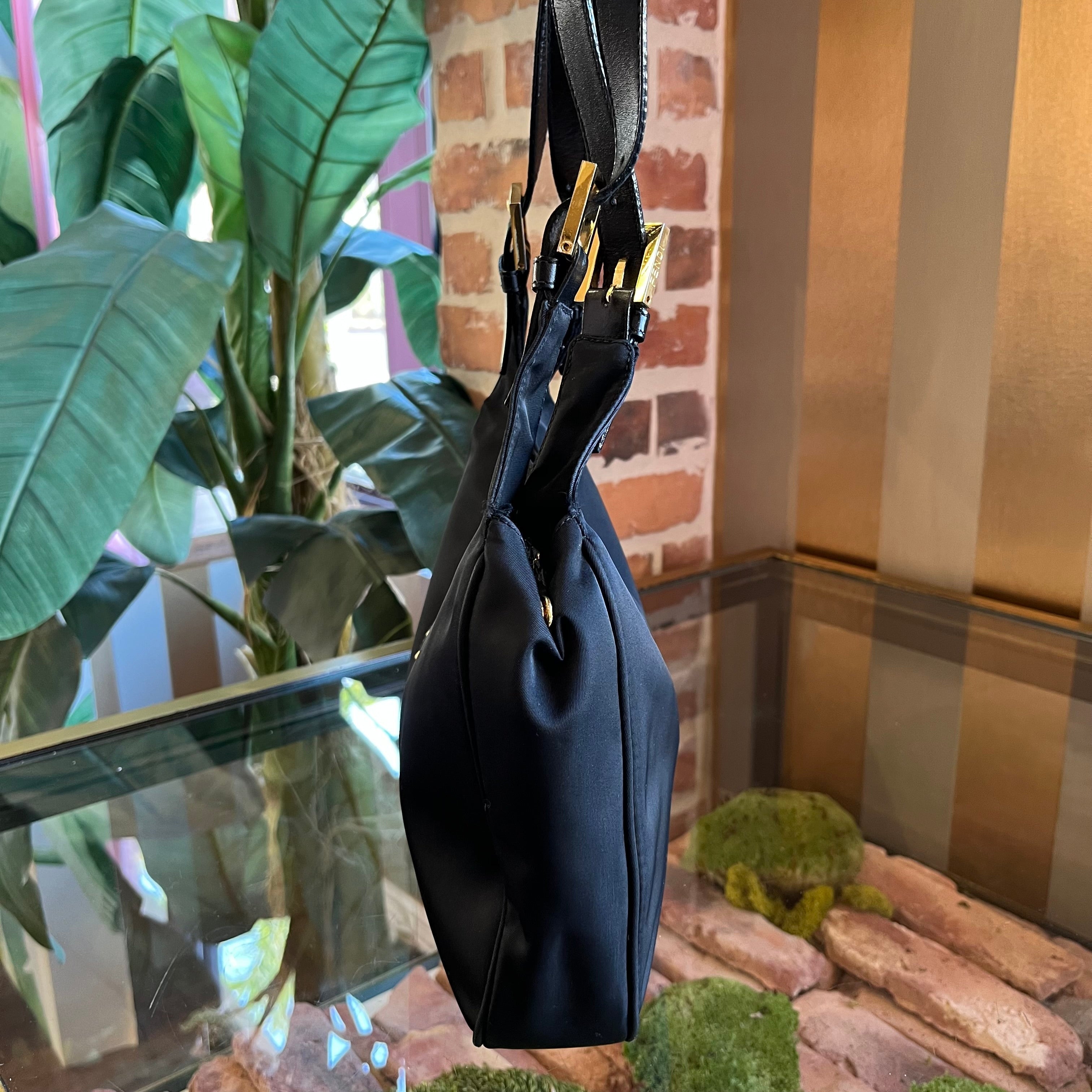 FENDI Logo Black Nylon Shoulder Bag