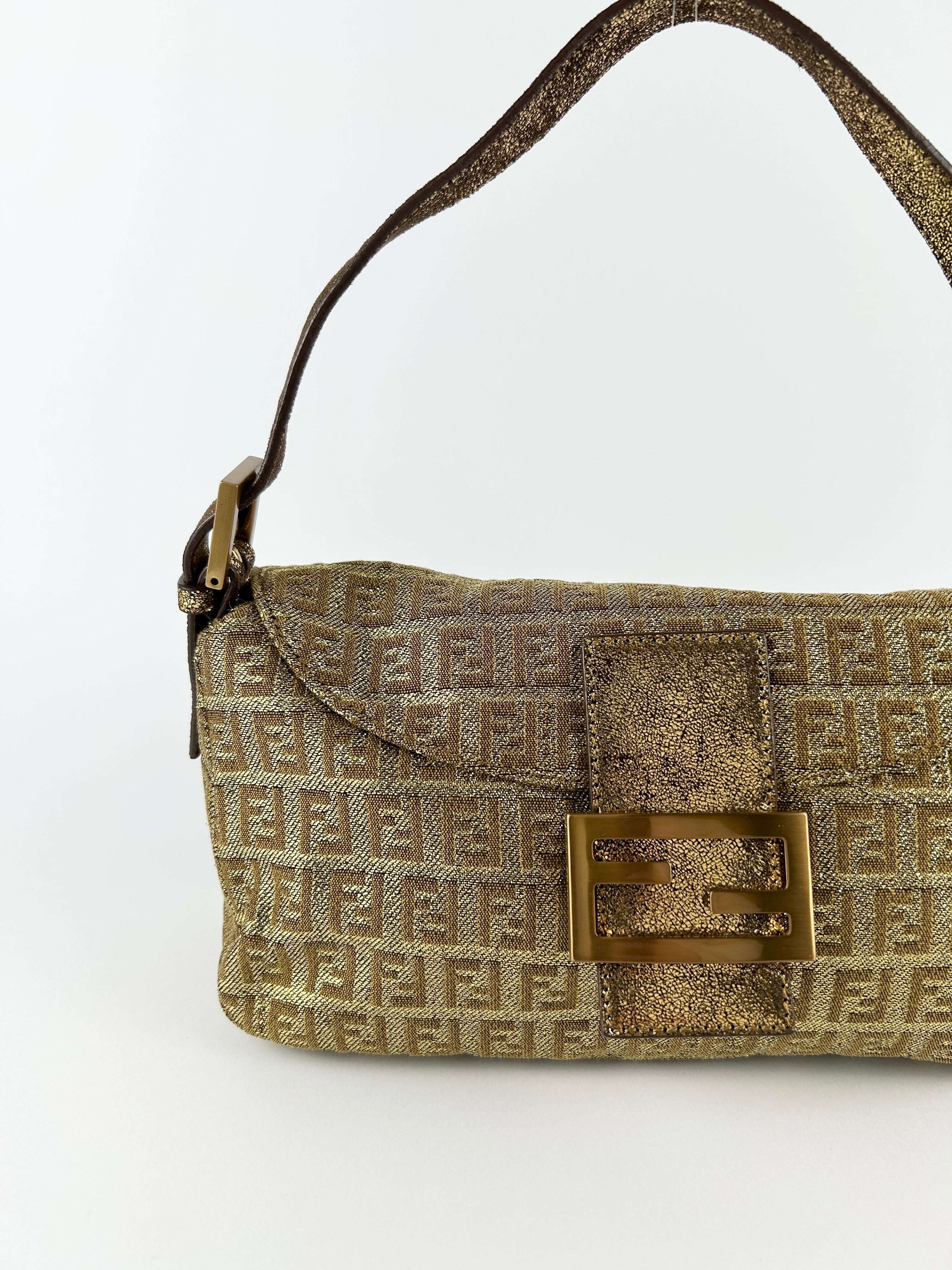 Vintage Fendi Zucca Lurex Gold Baguette Shoulder Bag