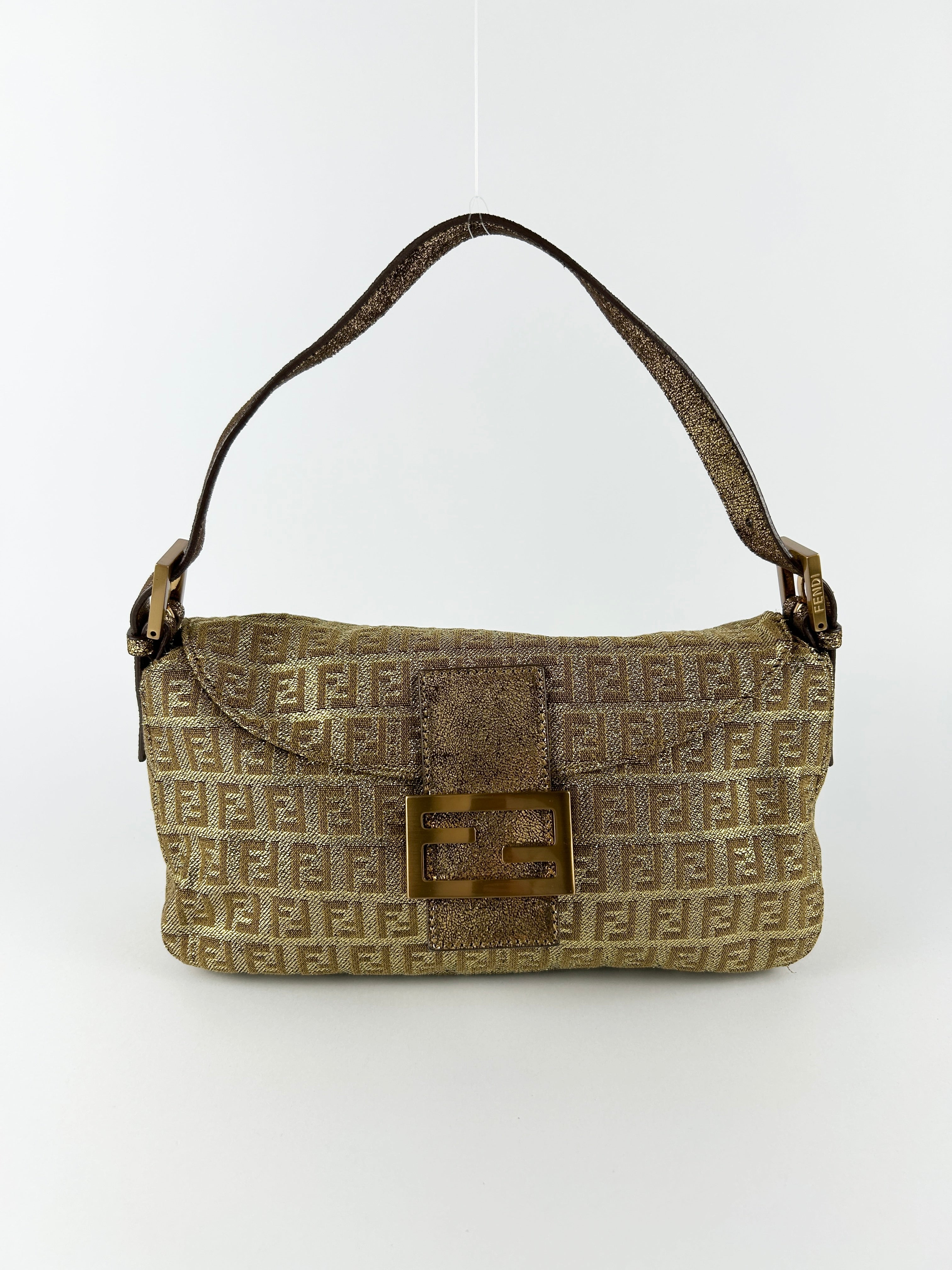 Vintage Fendi Zucca Lurex Gold Baguette Shoulder Bag