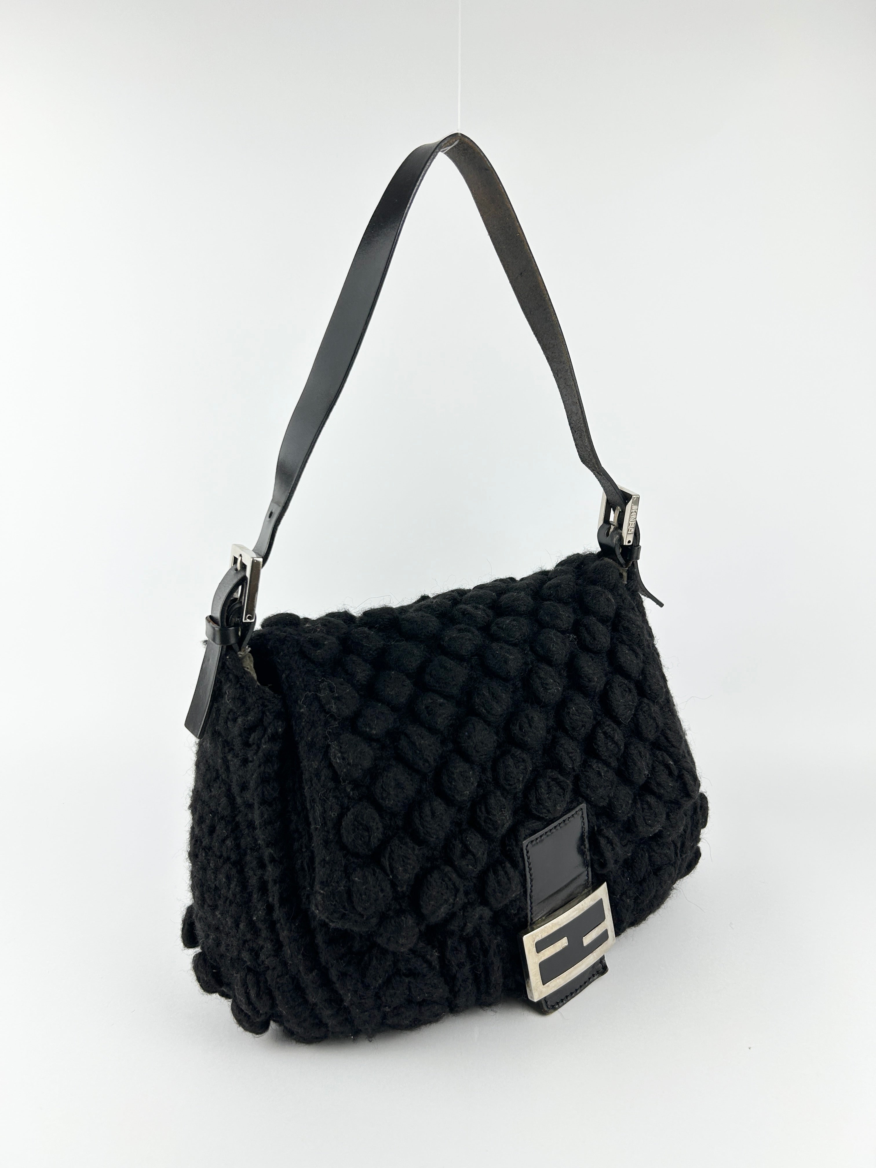 Vintage Fendi Black Crochet Bobble Knit Mamma Baguette Shoulder Bag