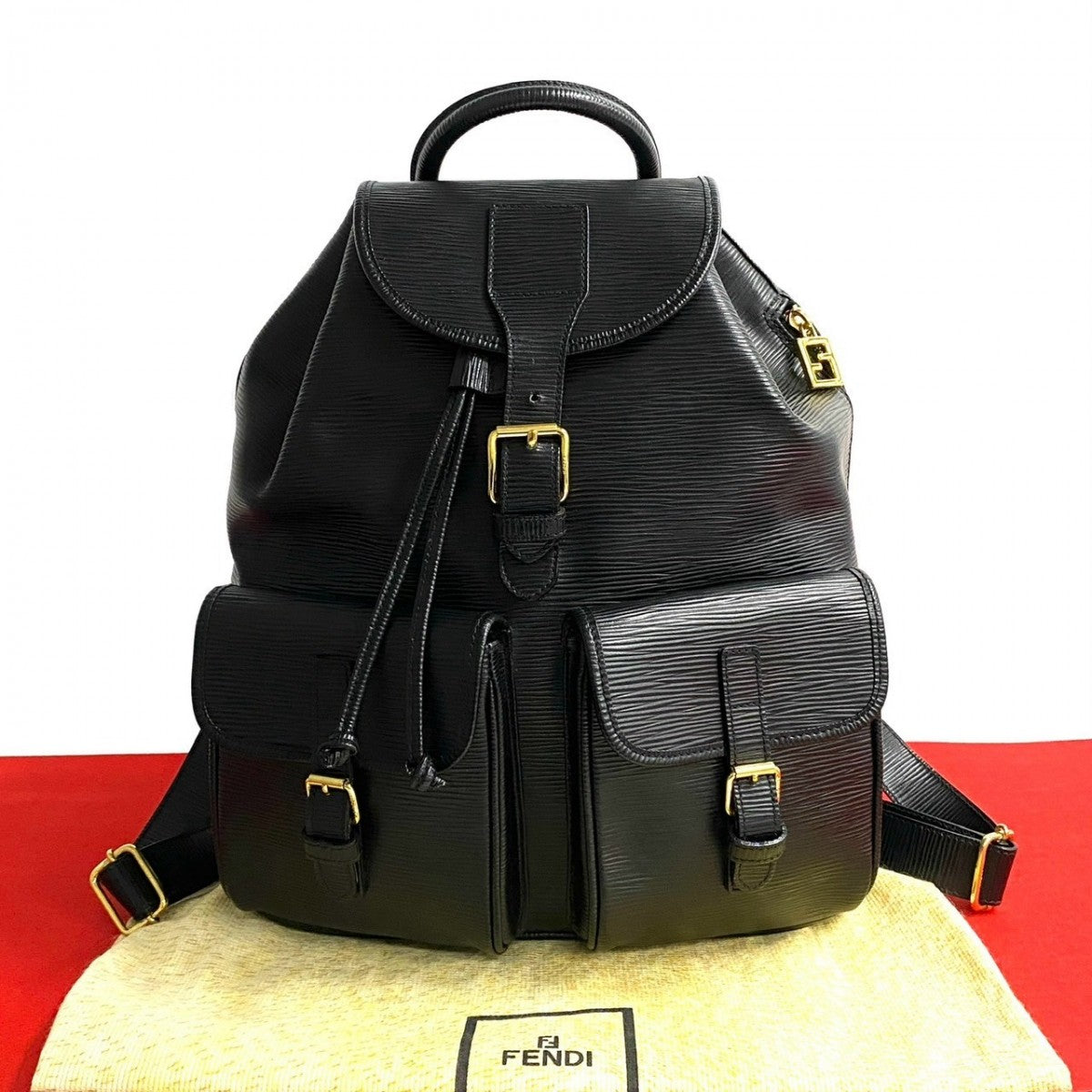 FENDI Backpack Epi Leather black FF logo Metal Women Used