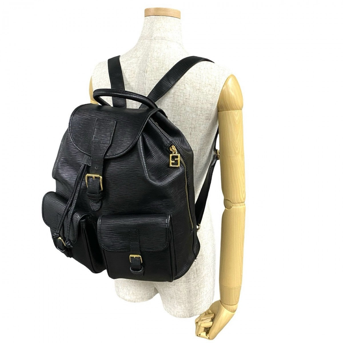 FENDI Backpack Epi Leather black FF logo Metal Women Used
