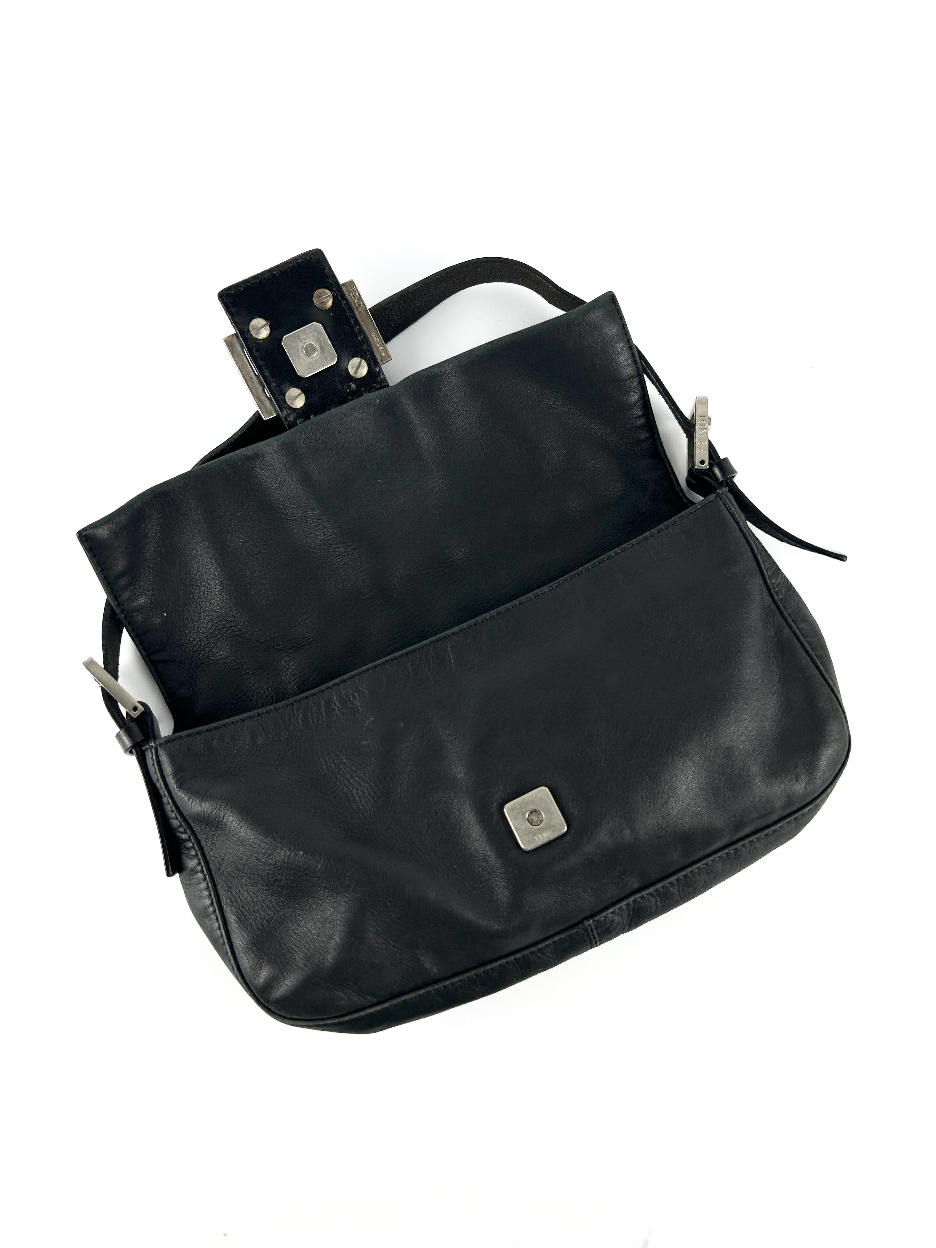 Vintage Fendi Black Leather Baguette Shoulder Bag