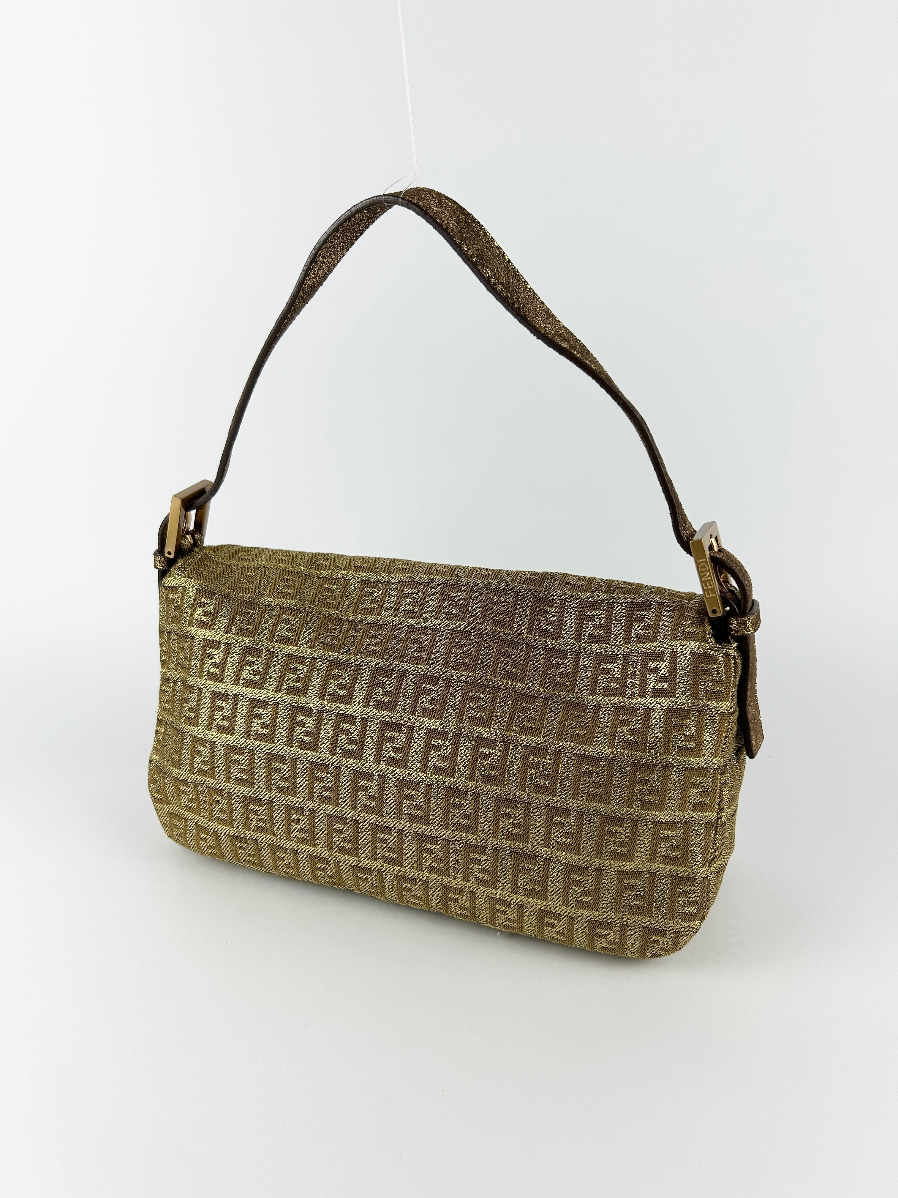 Vintage Fendi Zucca Lurex Gold Baguette Shoulder Bag