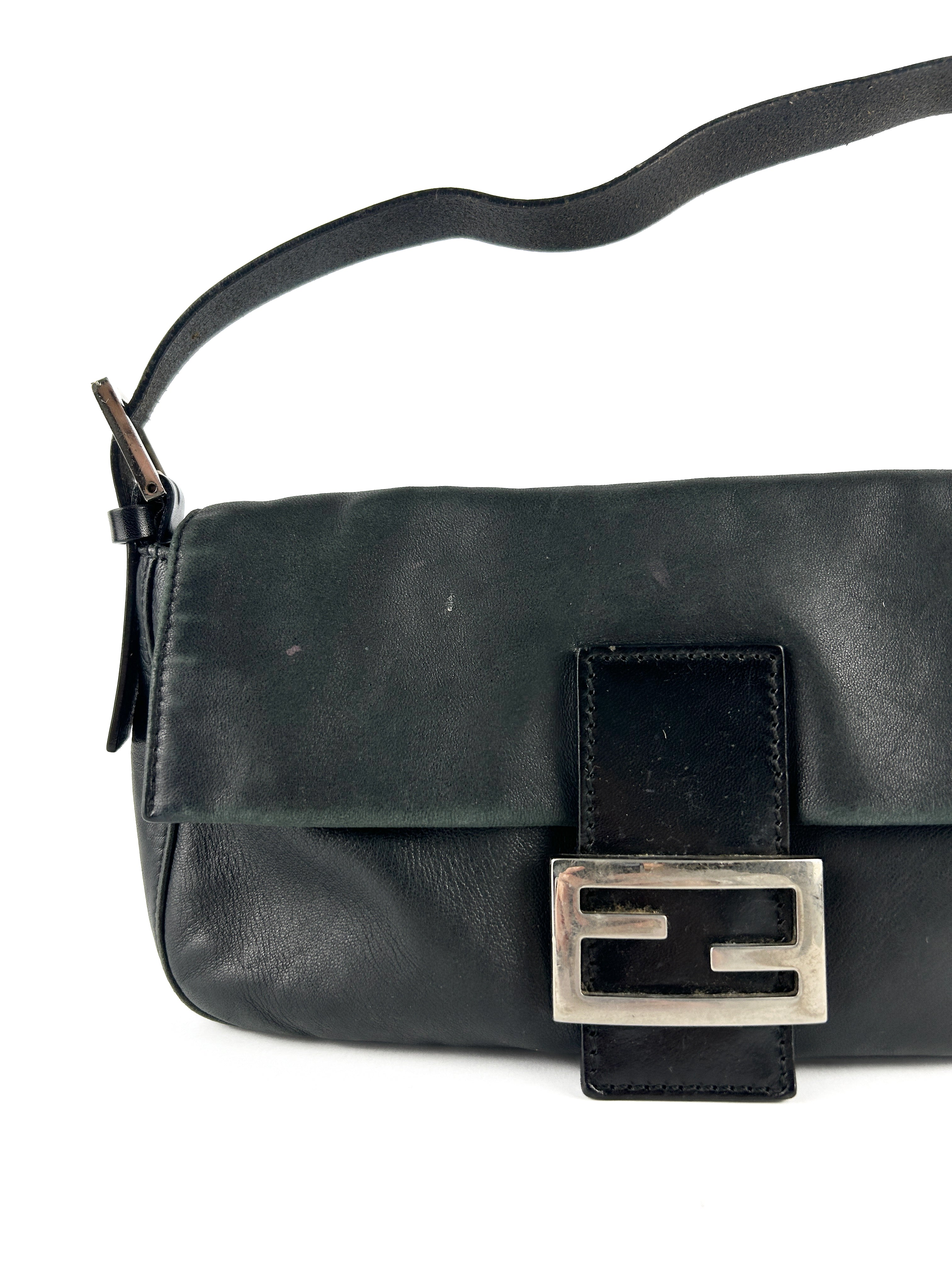 Vintage Fendi Black Leather Baguette Shoulder Bag