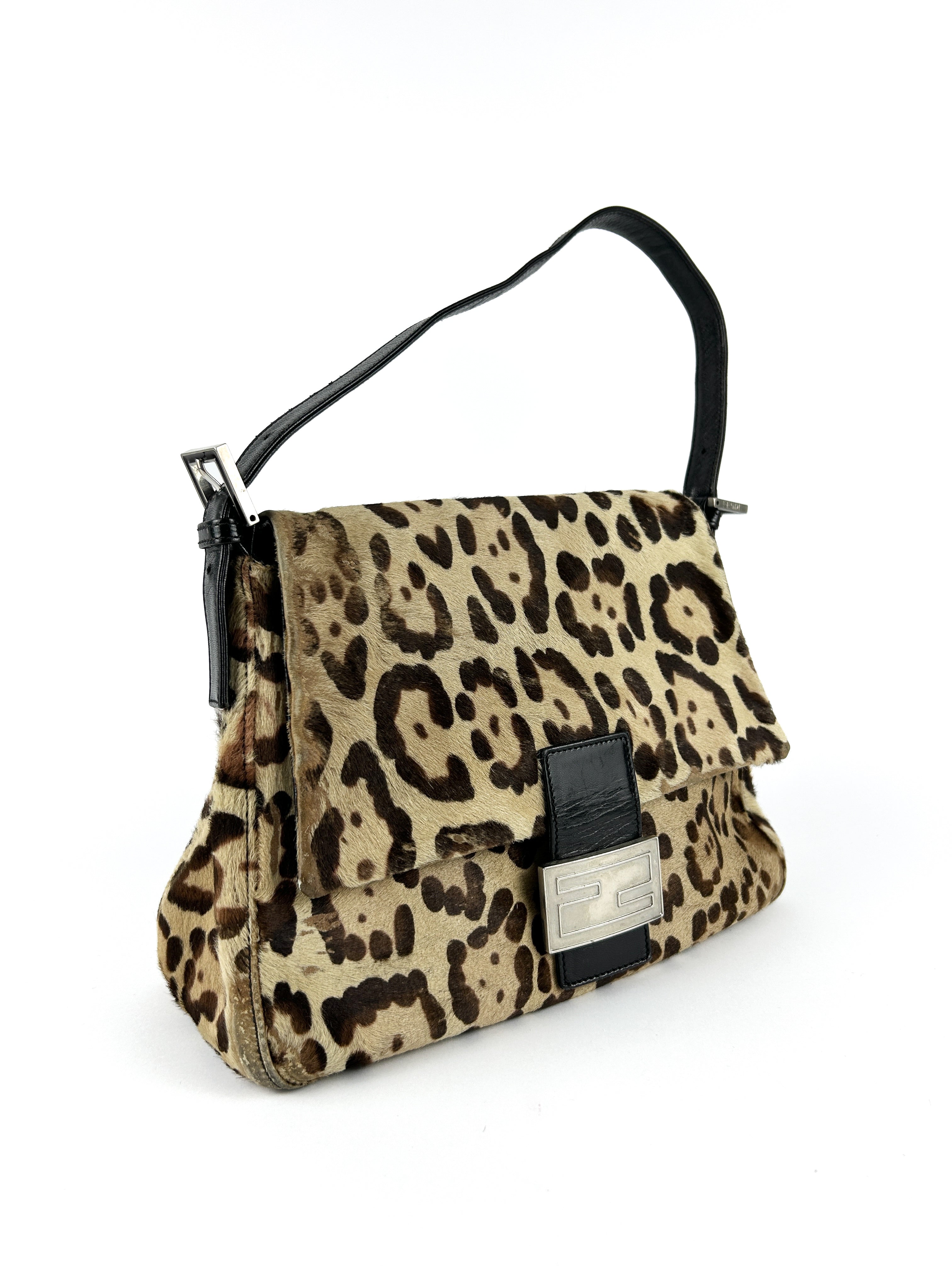Vintage Fendi Leopard Print Calf Hair Mamma Baguette Shoulder Bag