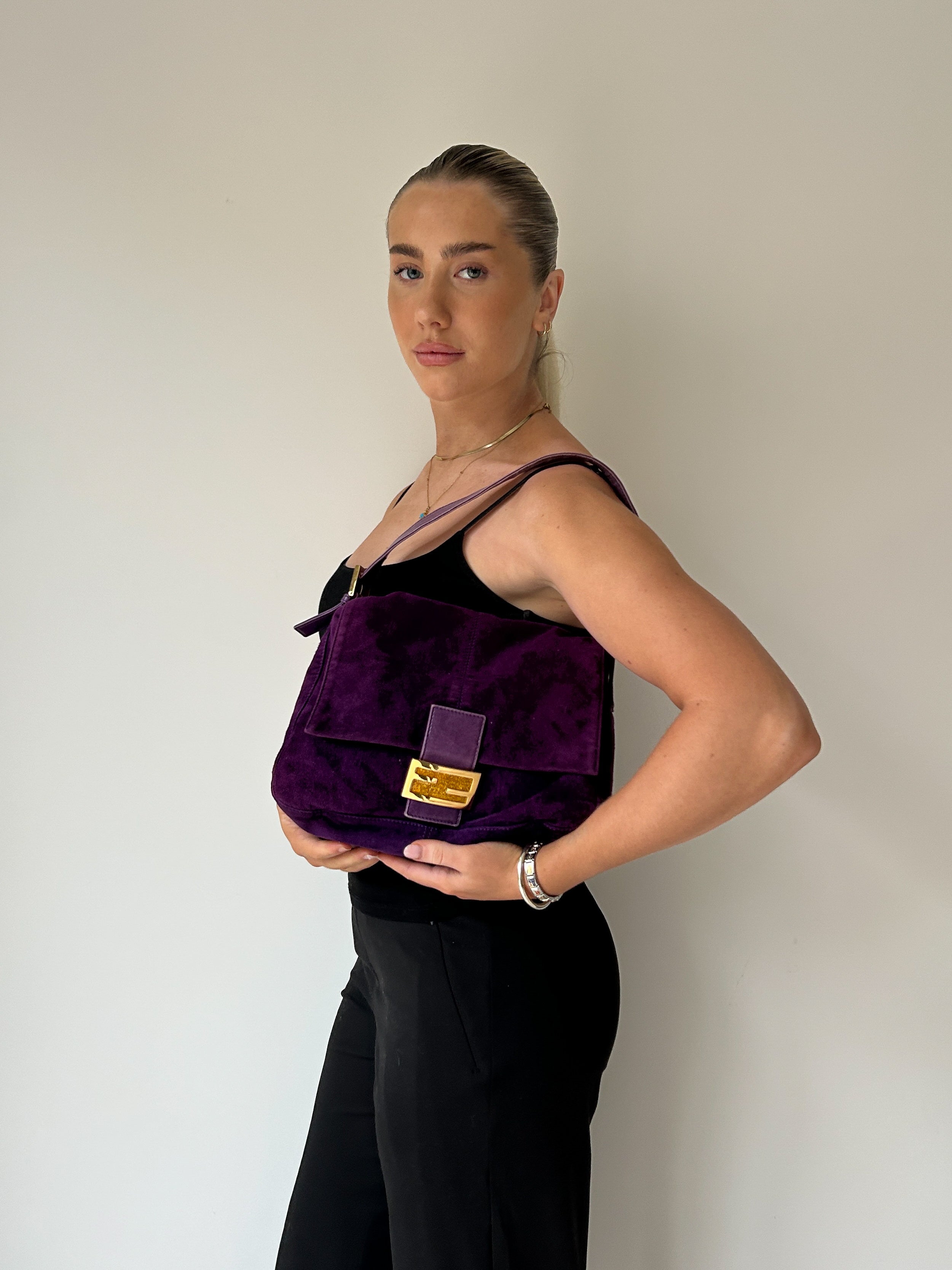 Vintage Fendi Purple Suede Mamma Baguette Shoulder Bag
