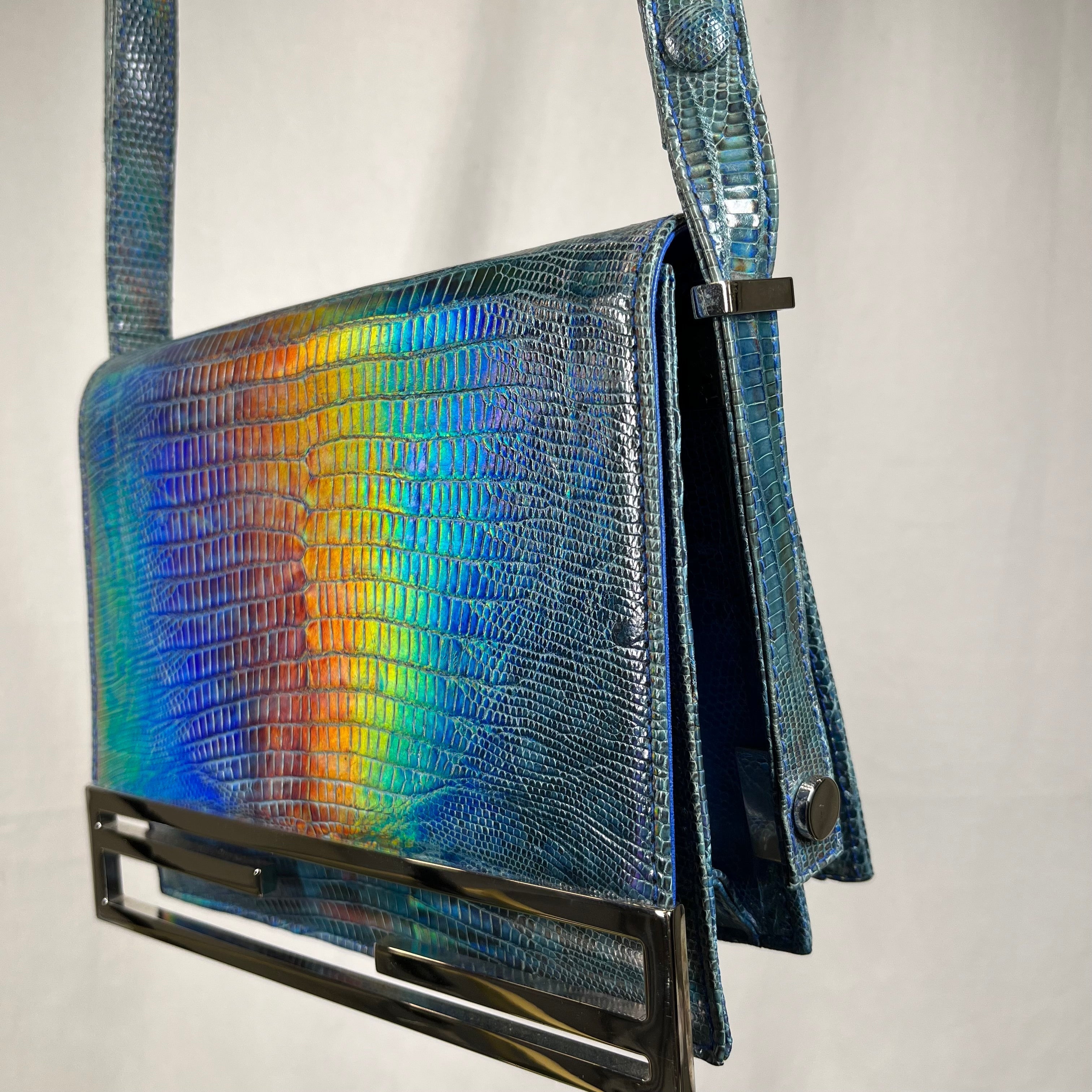 FENDI Vintage Lizard Iridescent Blue Shoulder Bag