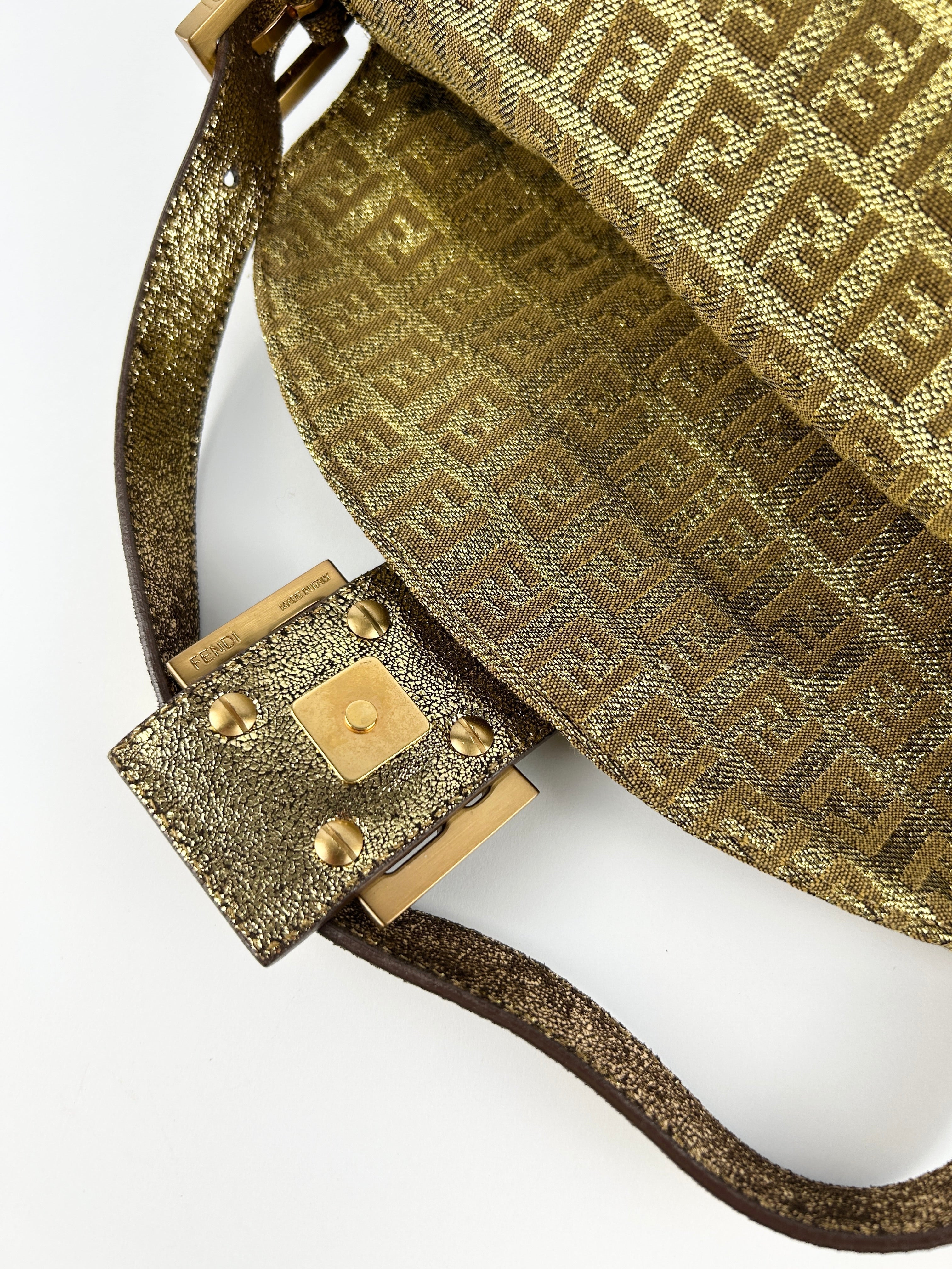 Vintage Fendi Zucca Lurex Gold Baguette Shoulder Bag