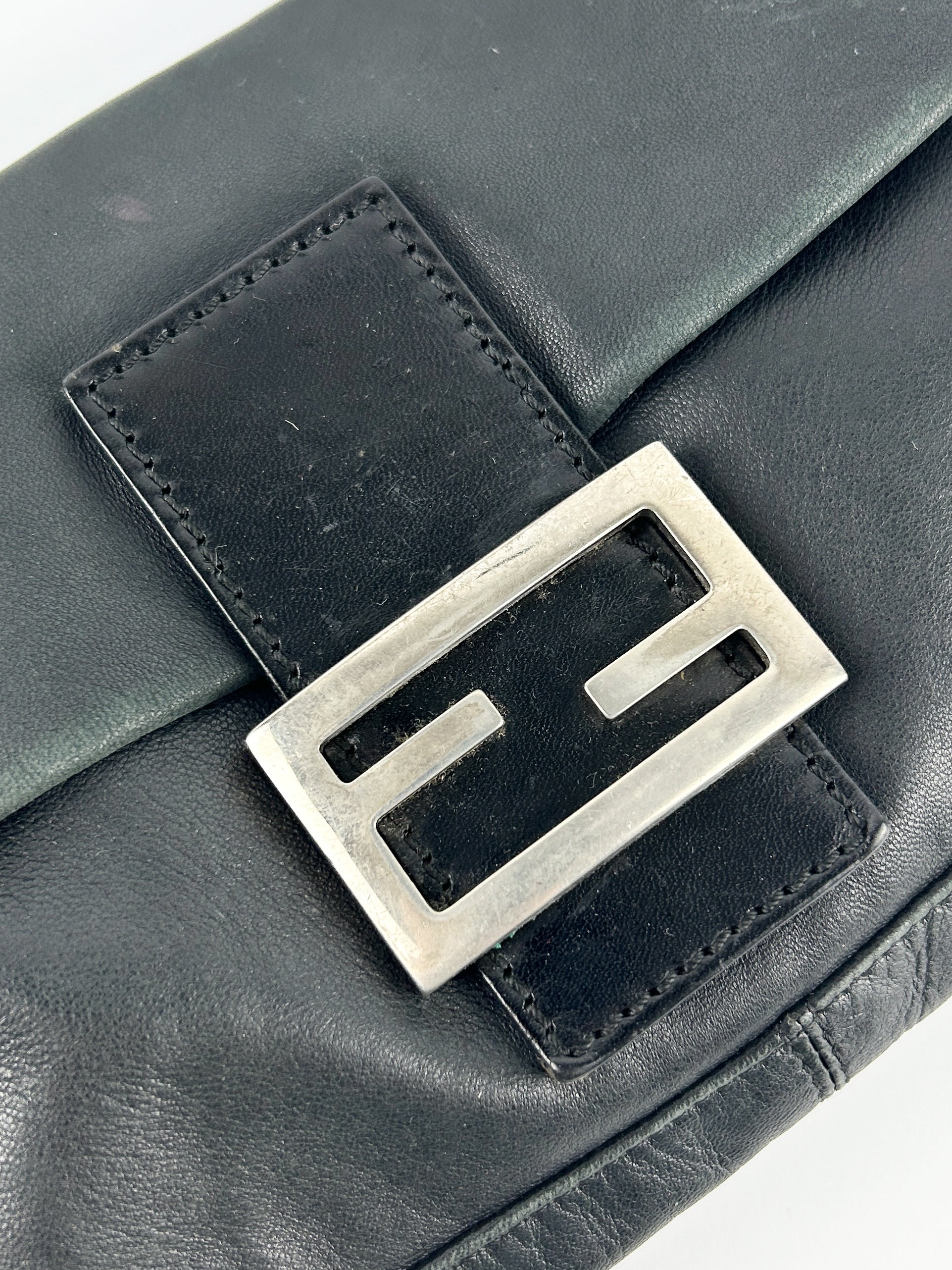 Vintage Fendi Black Leather Baguette Shoulder Bag