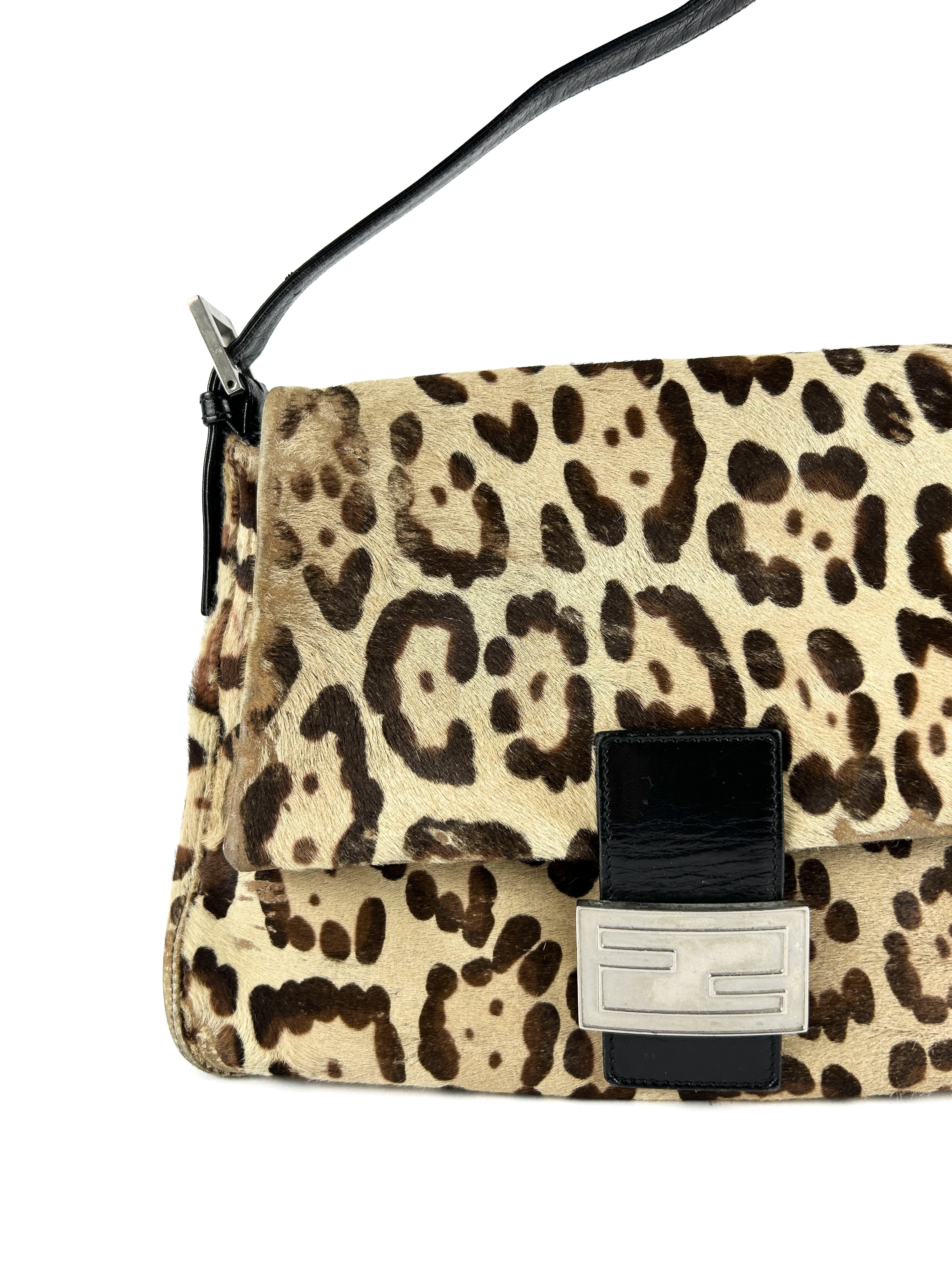 Vintage Fendi Leopard Print Calf Hair Mamma Baguette Shoulder Bag