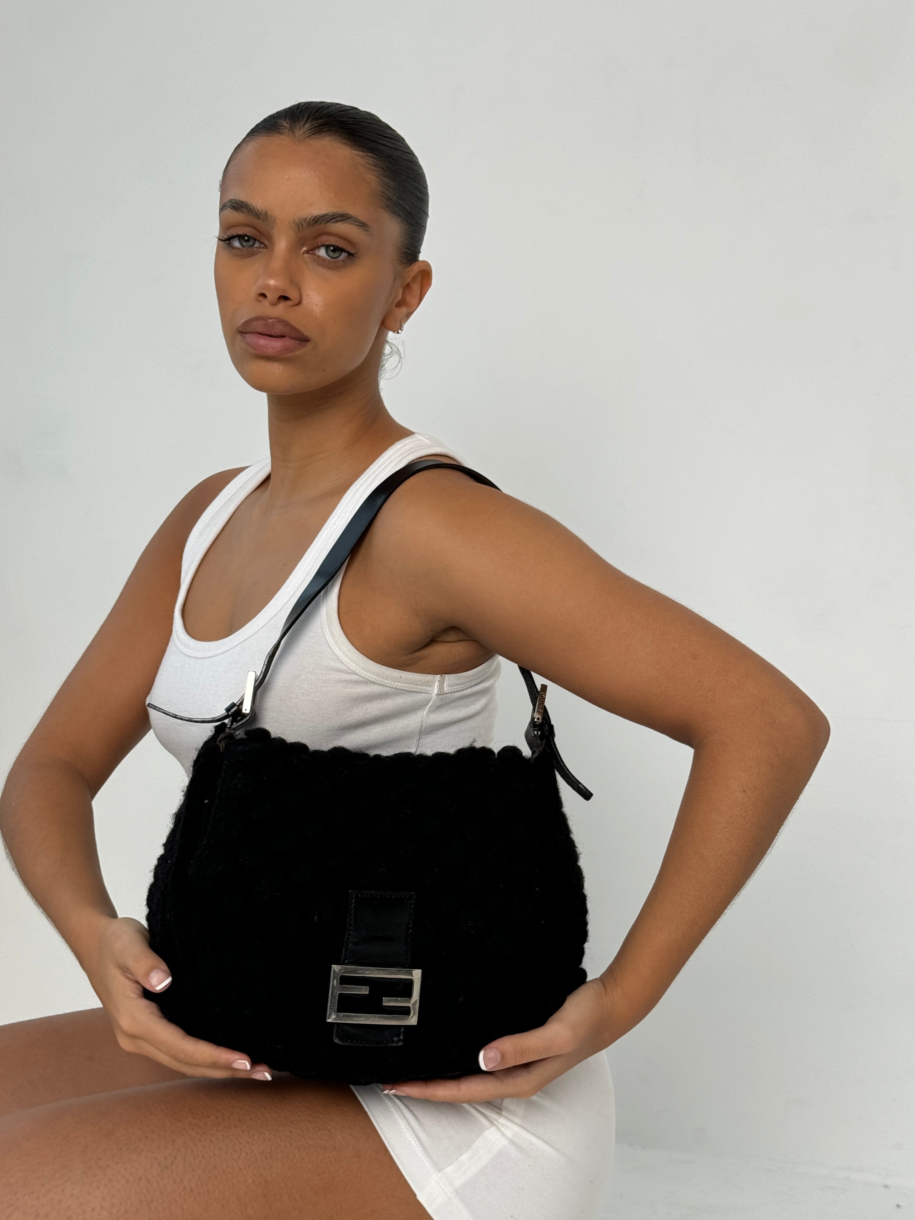 Vintage Fendi Black Crochet Bobble Knit Mamma Baguette Shoulder Bag