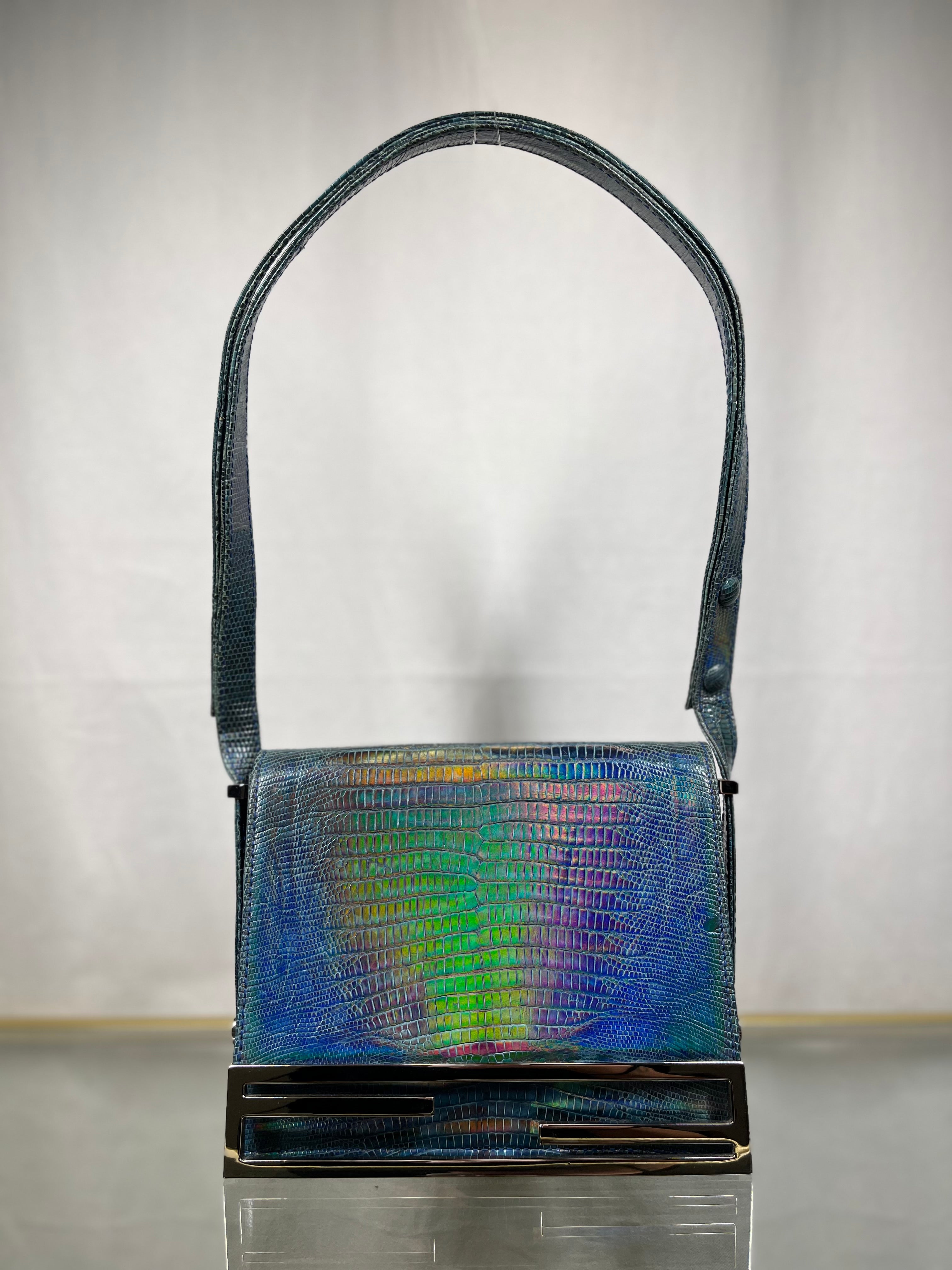 FENDI Vintage Lizard Iridescent Blue Shoulder Bag