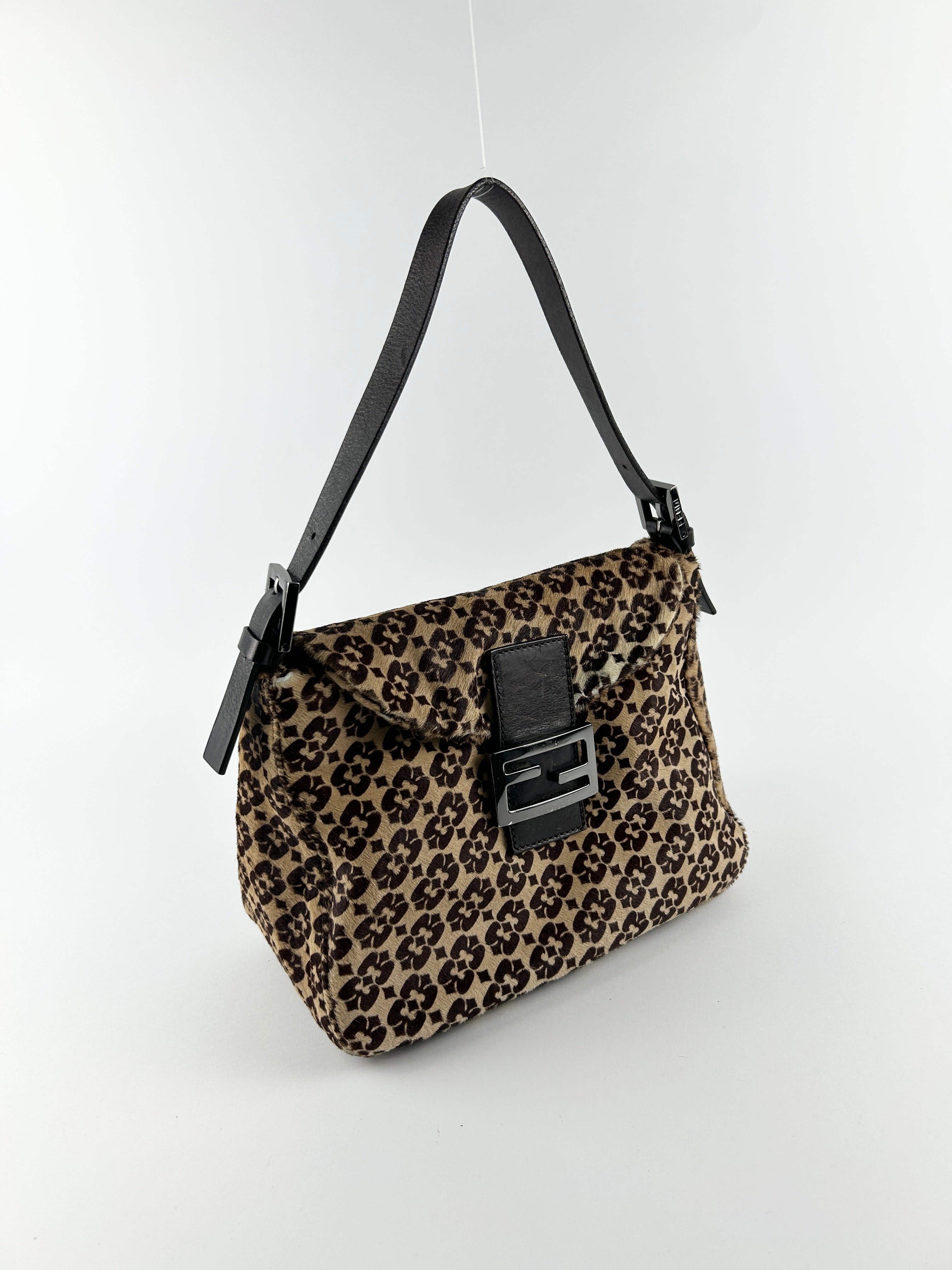 Vintage Fendi Zucca Calf Hair Mamma Baguette Shoulder Bag