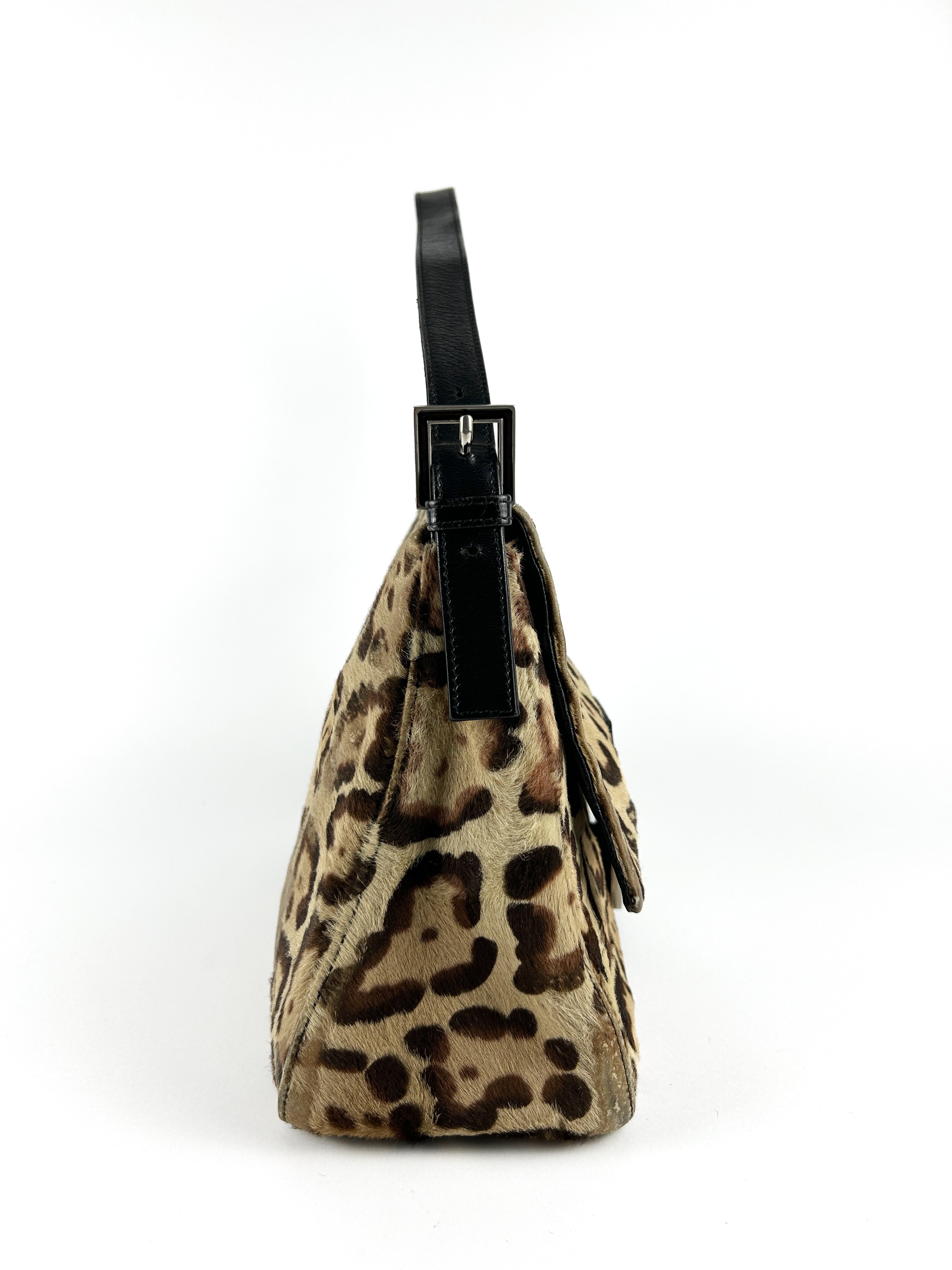 Vintage Fendi Leopard Print Calf Hair Mamma Baguette Shoulder Bag