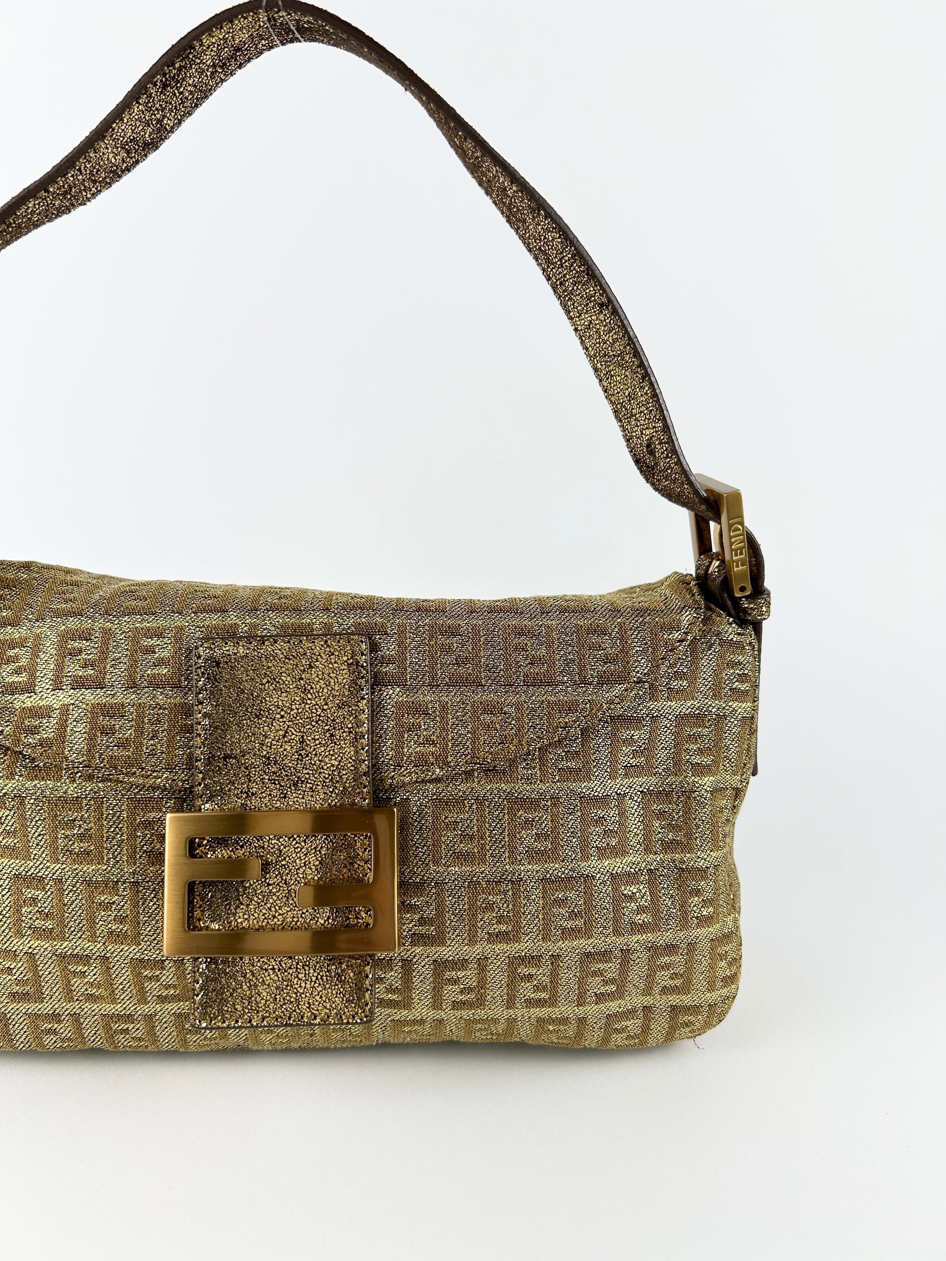 Vintage Fendi Zucca Lurex Gold Baguette Shoulder Bag