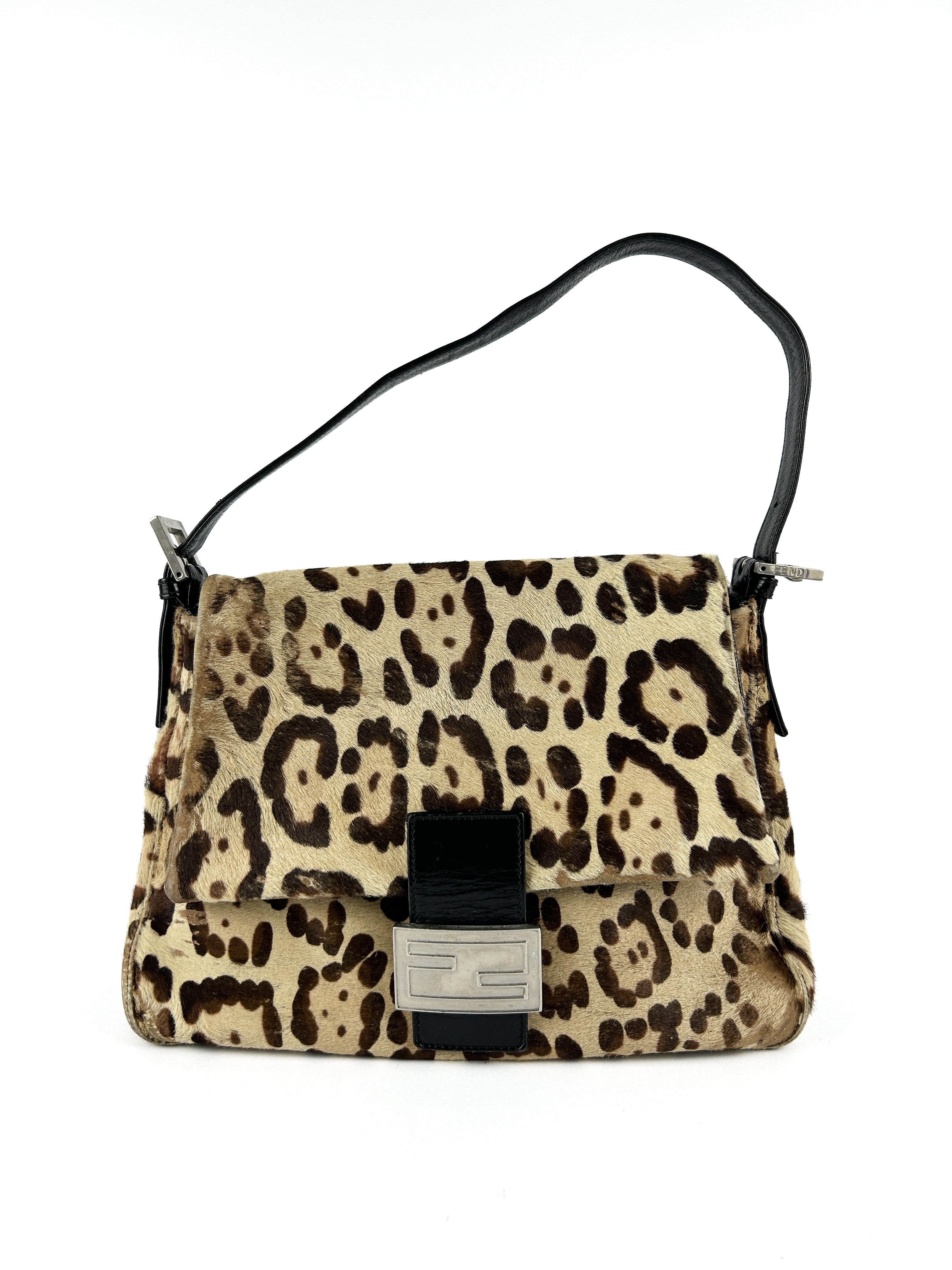 Vintage Fendi Leopard Print Calf Hair Mamma Baguette Shoulder Bag