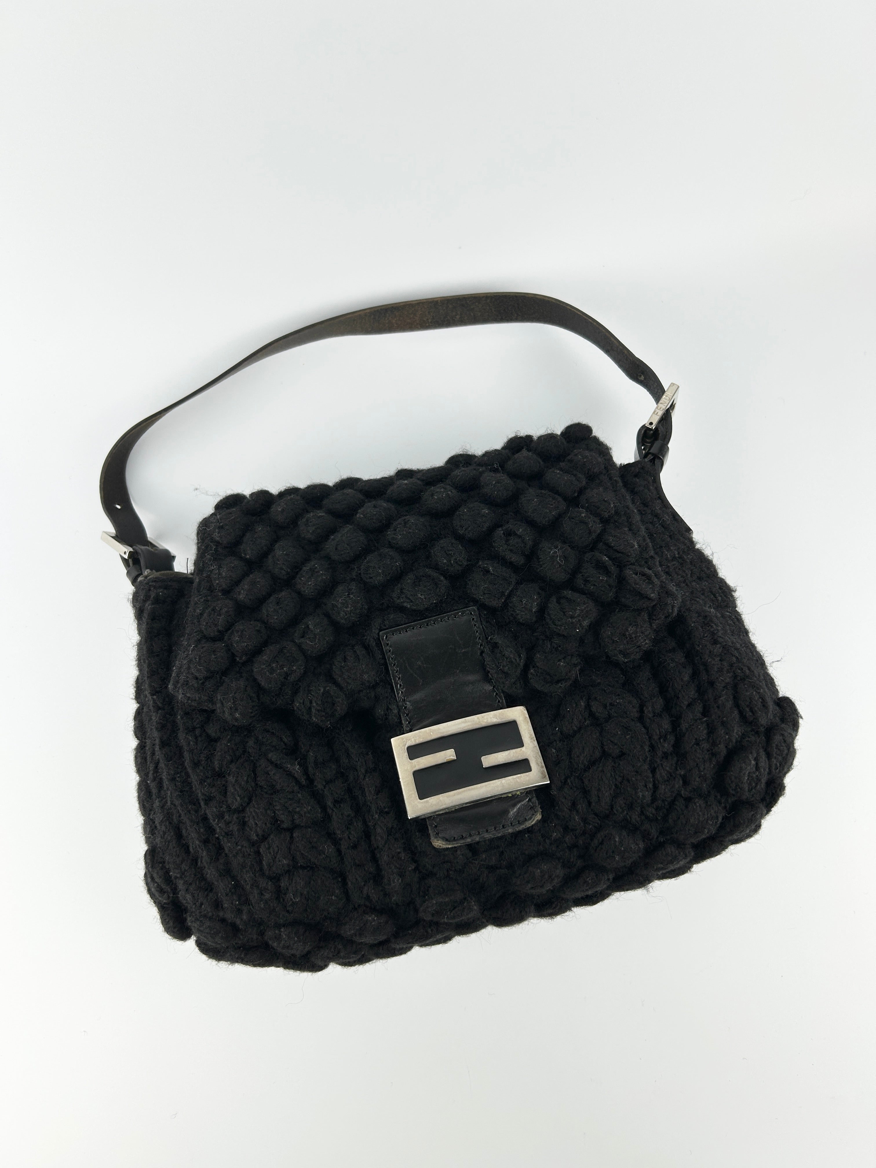 Vintage Fendi Black Crochet Bobble Knit Mamma Baguette Shoulder Bag