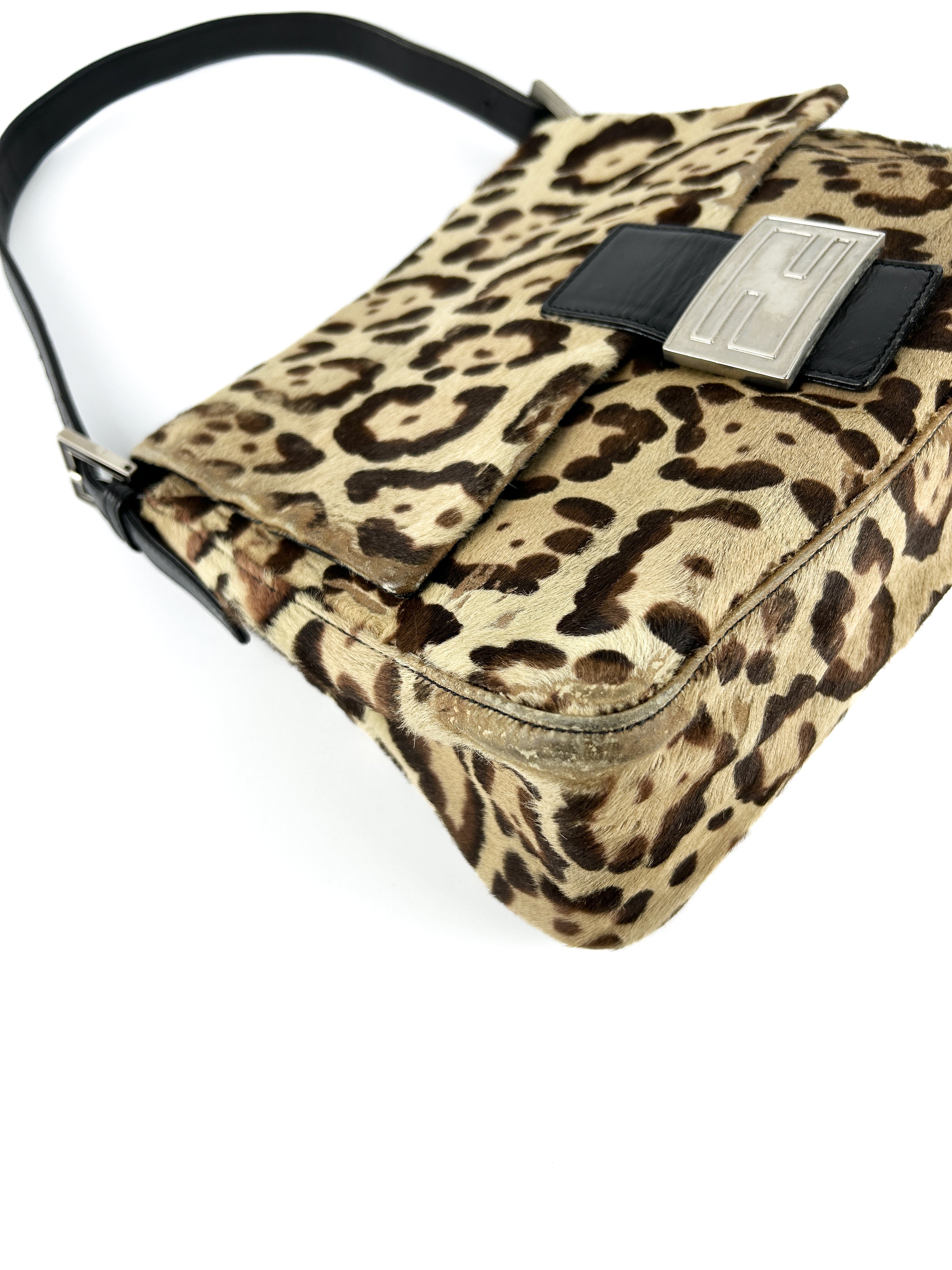 Vintage Fendi Leopard Print Calf Hair Mamma Baguette Shoulder Bag