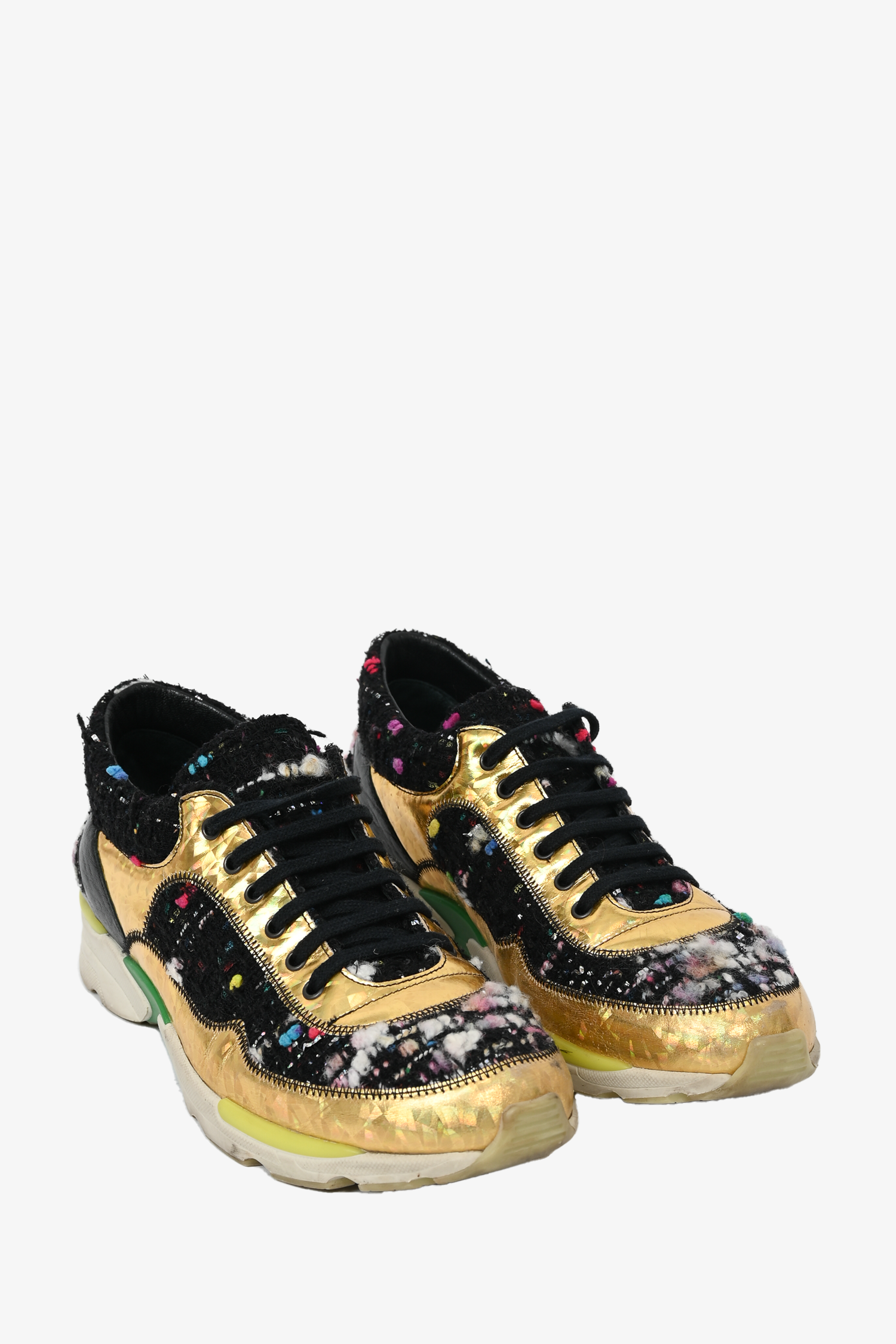 Chanel™ 2014 Black/Gold Fabric Speckled CC Sneakers Size 37