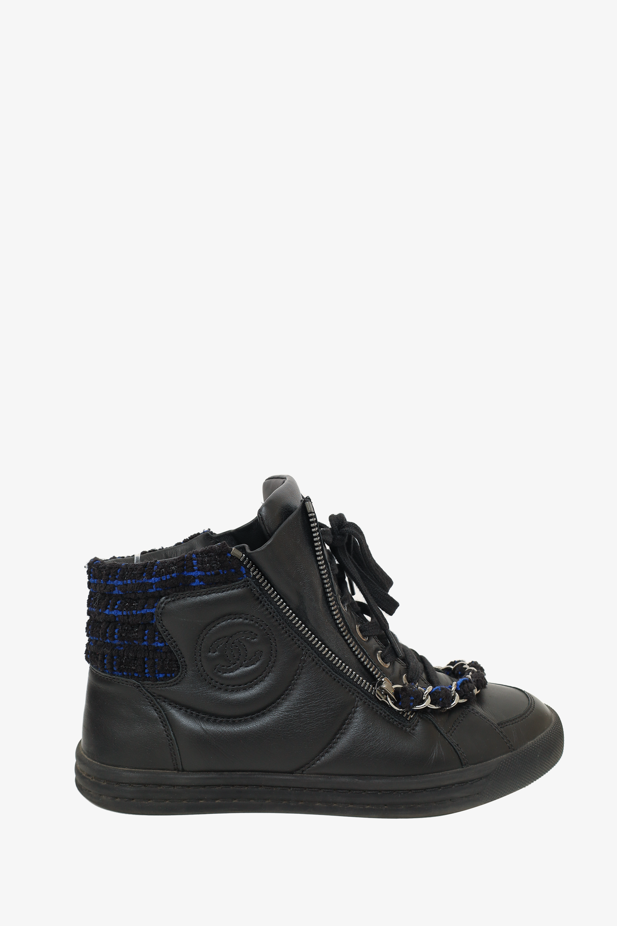Chanel™ 2015 Black Leather CC Chain Link High Top Sneakers Size 37.5