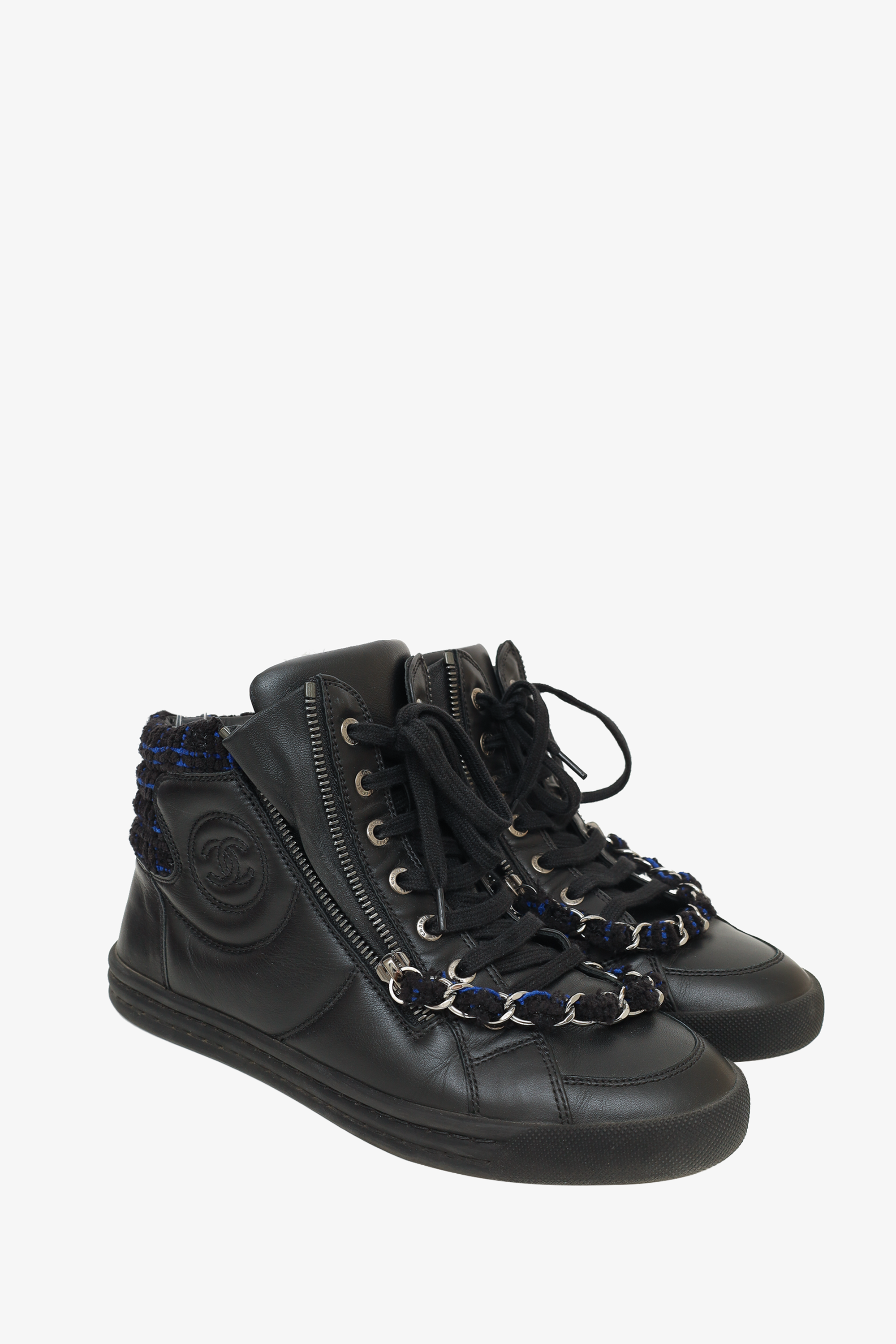 Chanel™ 2015 Black Leather CC Chain Link High Top Sneakers Size 37.5