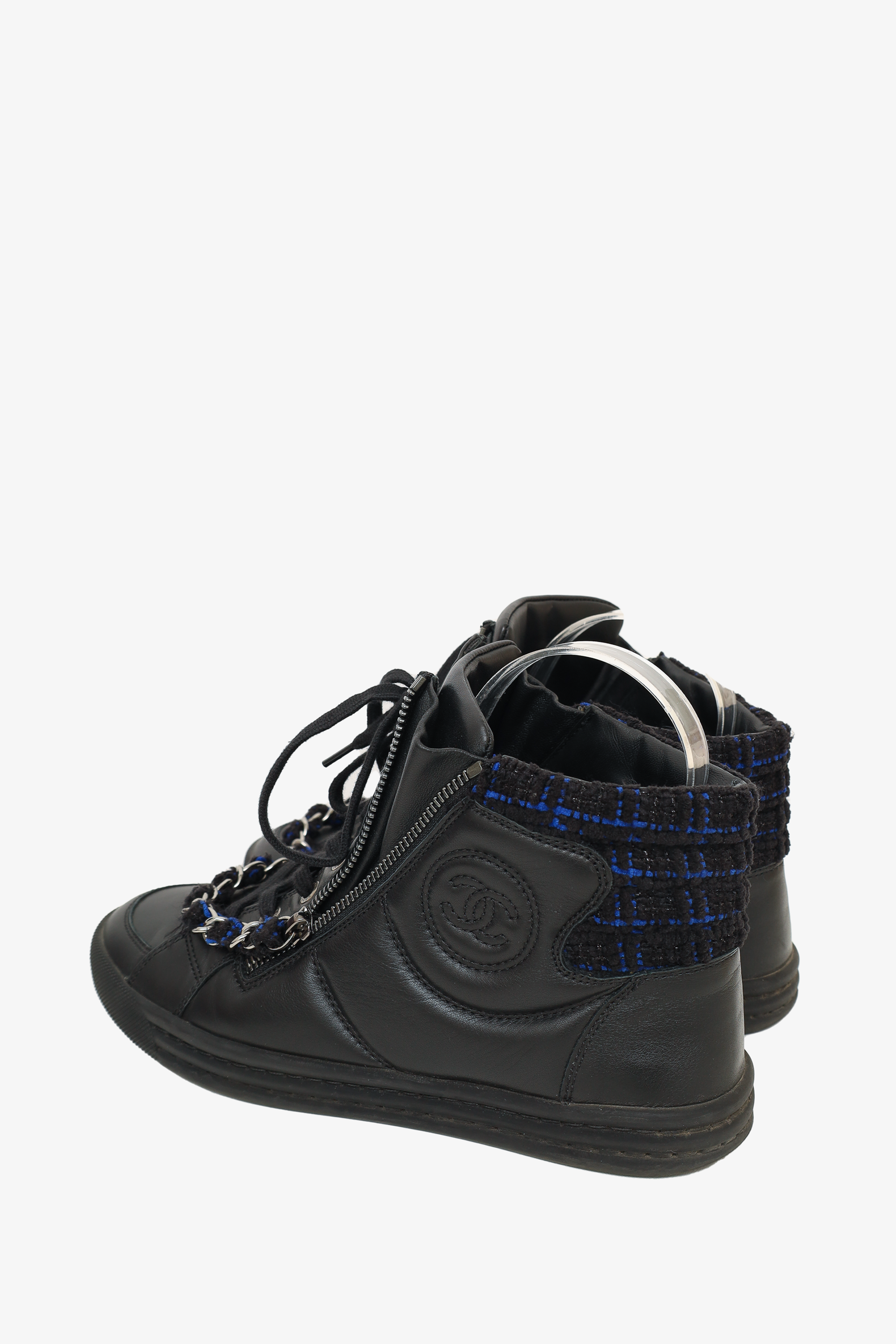Chanel™ 2015 Black Leather CC Chain Link High Top Sneakers Size 37.5