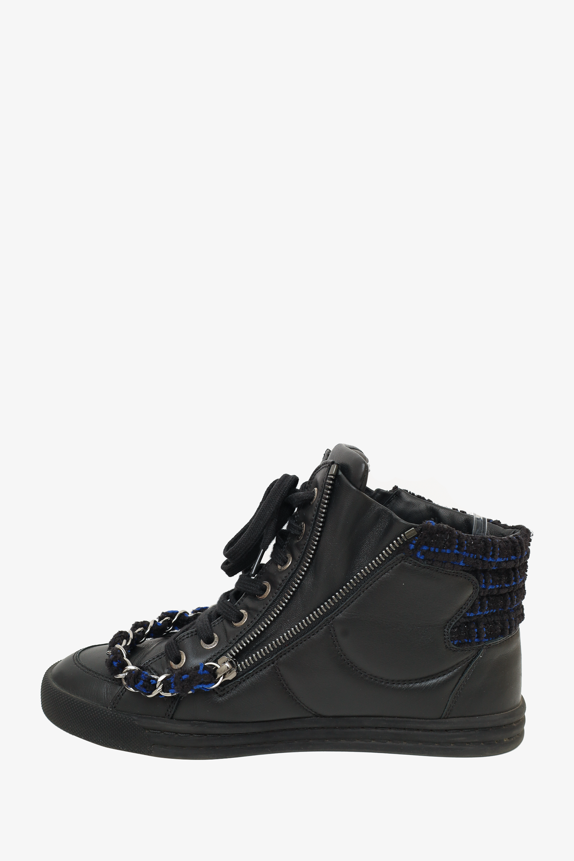 Chanel™ 2015 Black Leather CC Chain Link High Top Sneakers Size 37.5
