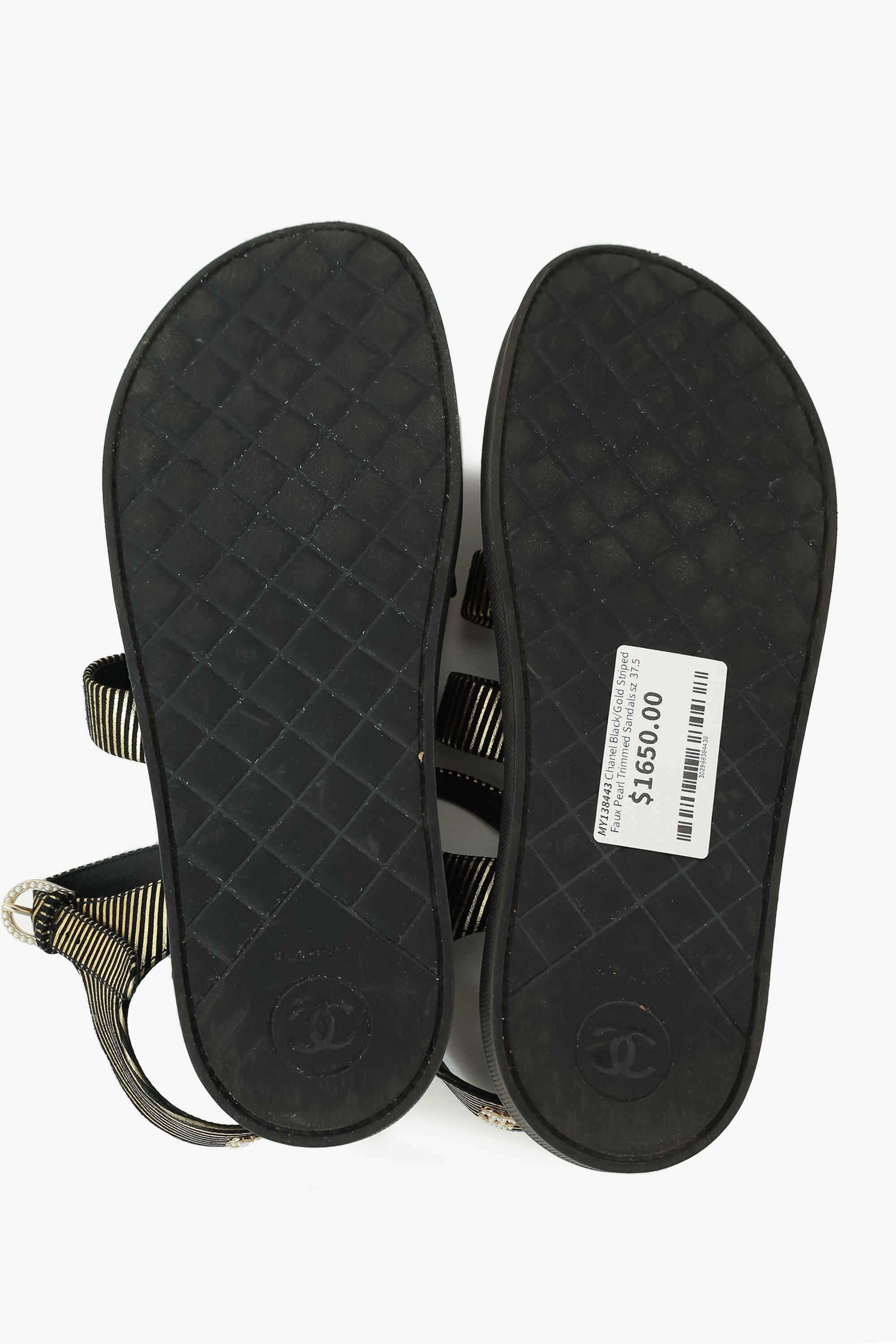 Chanel™ Black/Gold Striped Faux Pearl Trimmed Sandals Size 37.5