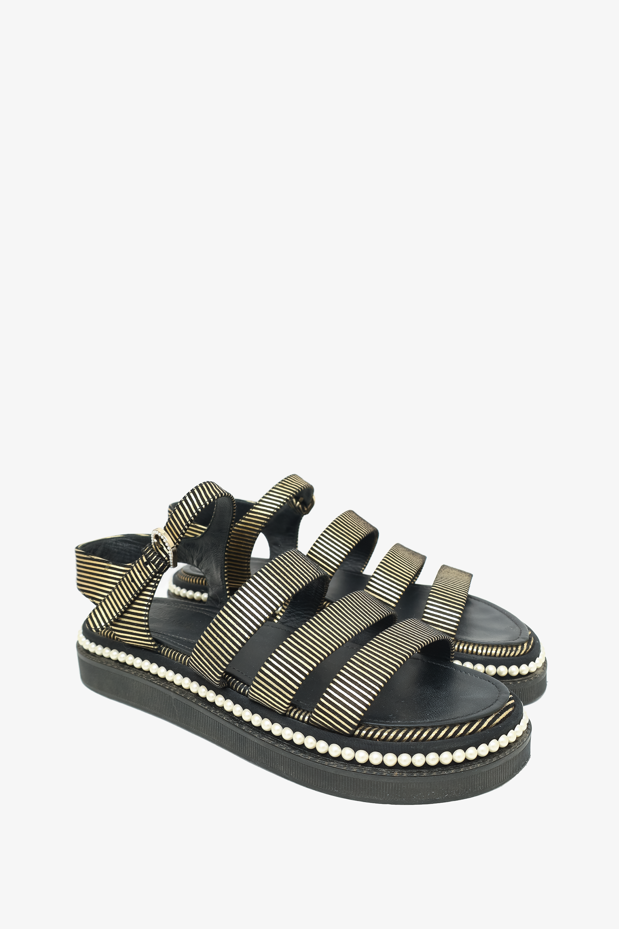 Chanel™ Black/Gold Striped Faux Pearl Trimmed Sandals Size 37.5