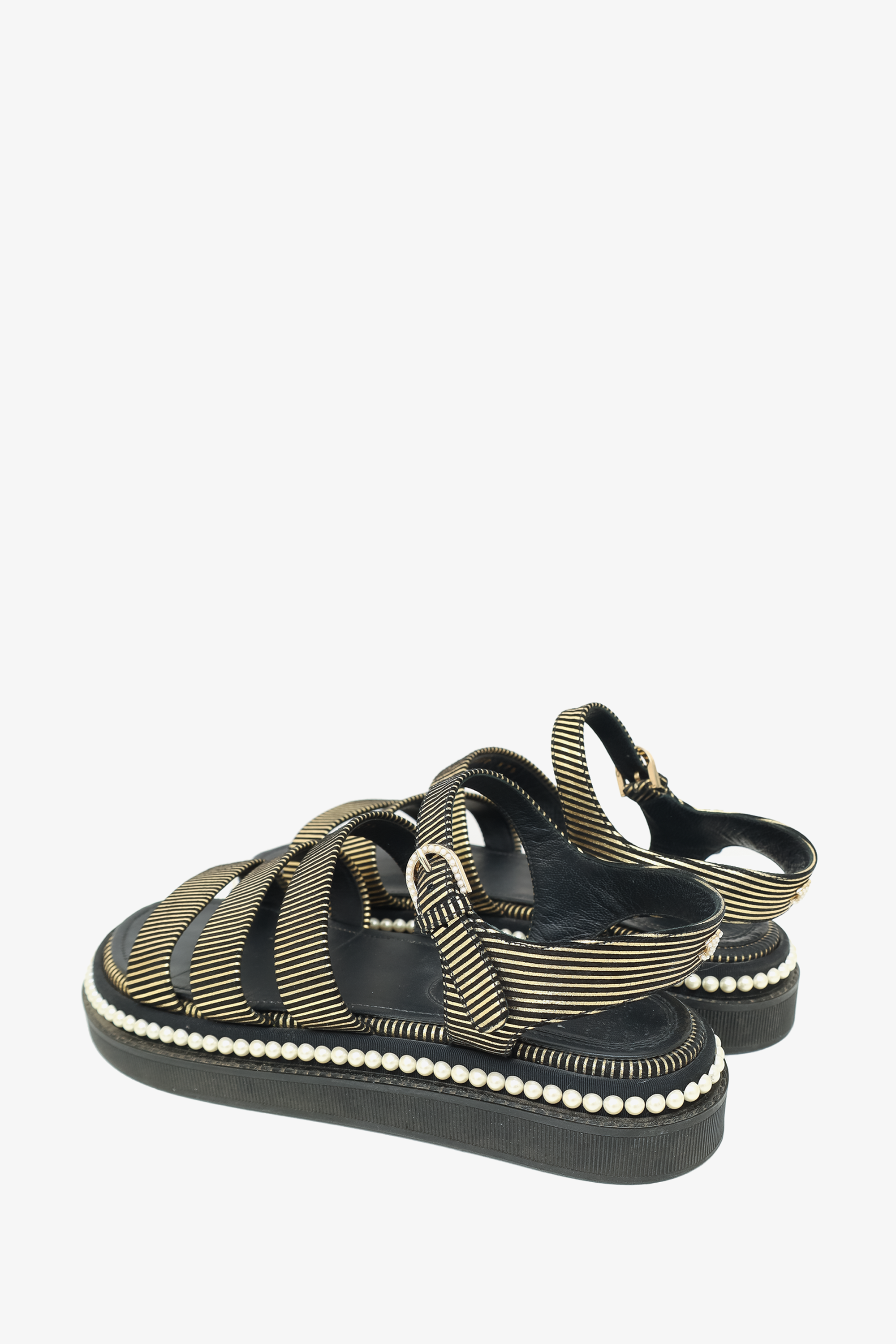 Chanel™ Black/Gold Striped Faux Pearl Trimmed Sandals Size 37.5