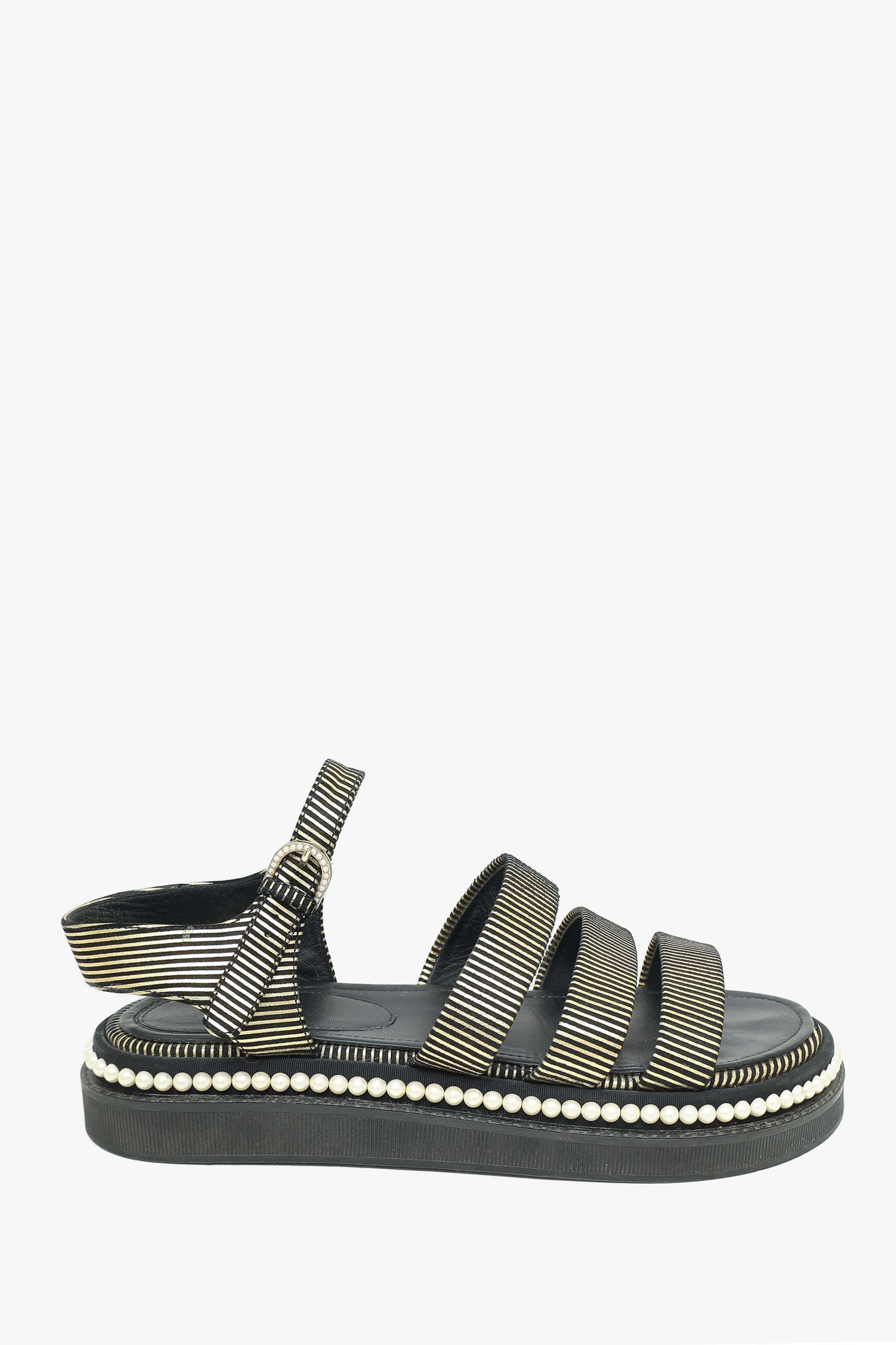 Chanel™ Black/Gold Striped Faux Pearl Trimmed Sandals Size 37.5