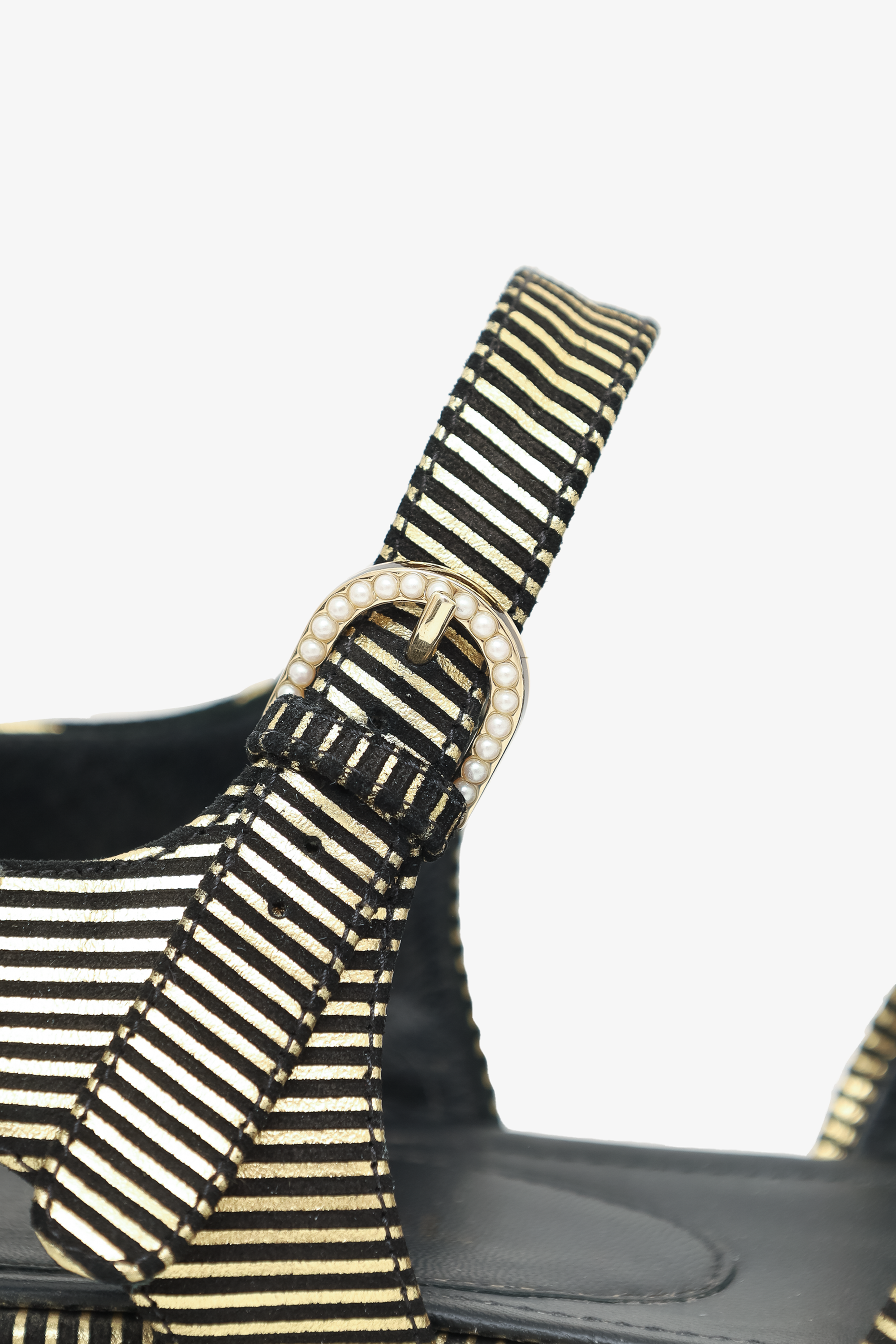 Chanel™ Black/Gold Striped Faux Pearl Trimmed Sandals Size 37.5