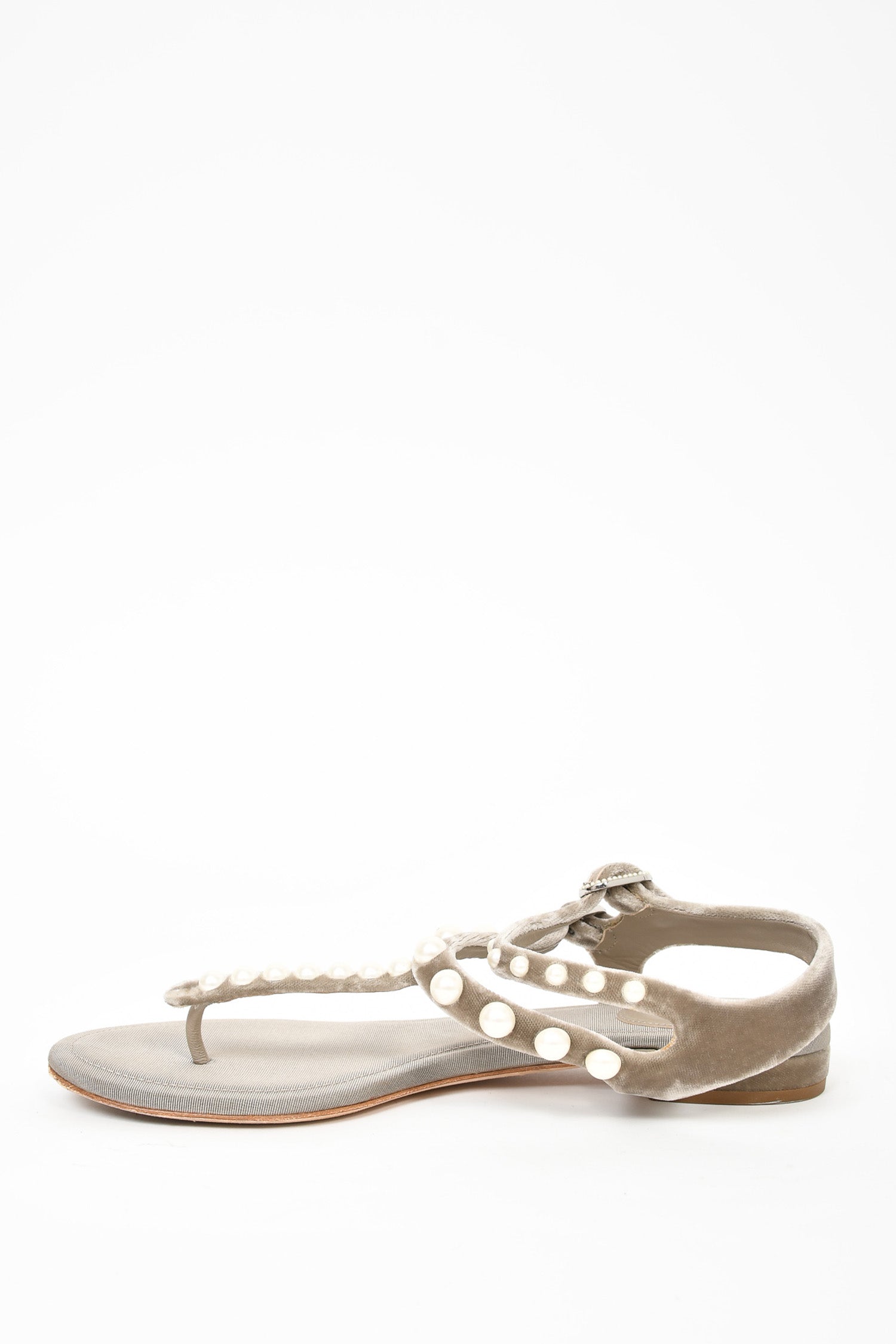 Chanel™ Grey Velvet Pearl Embellished T-Strap Sandals Size 36.5