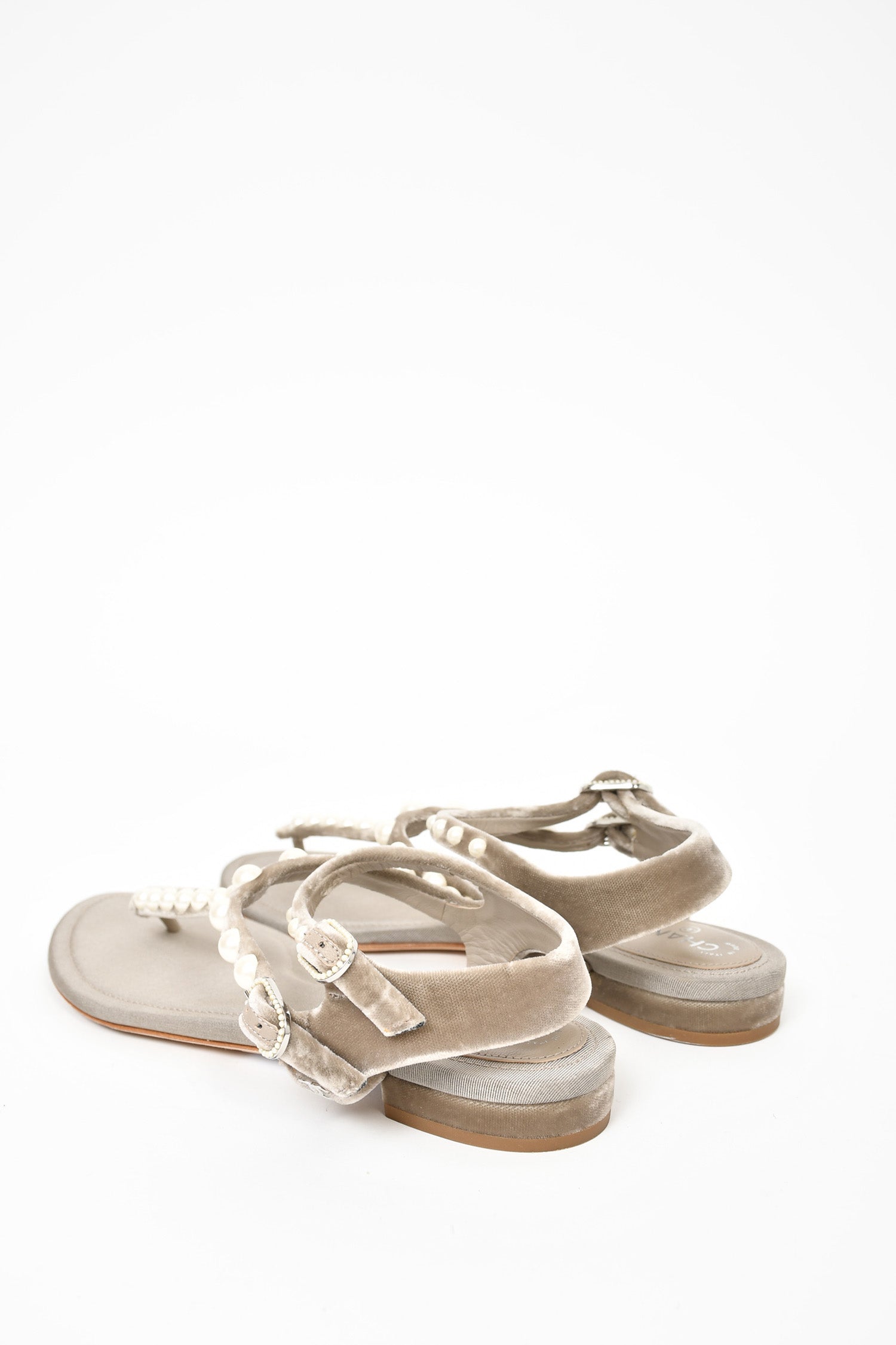 Chanel™ Grey Velvet Pearl Embellished T-Strap Sandals Size 36.5