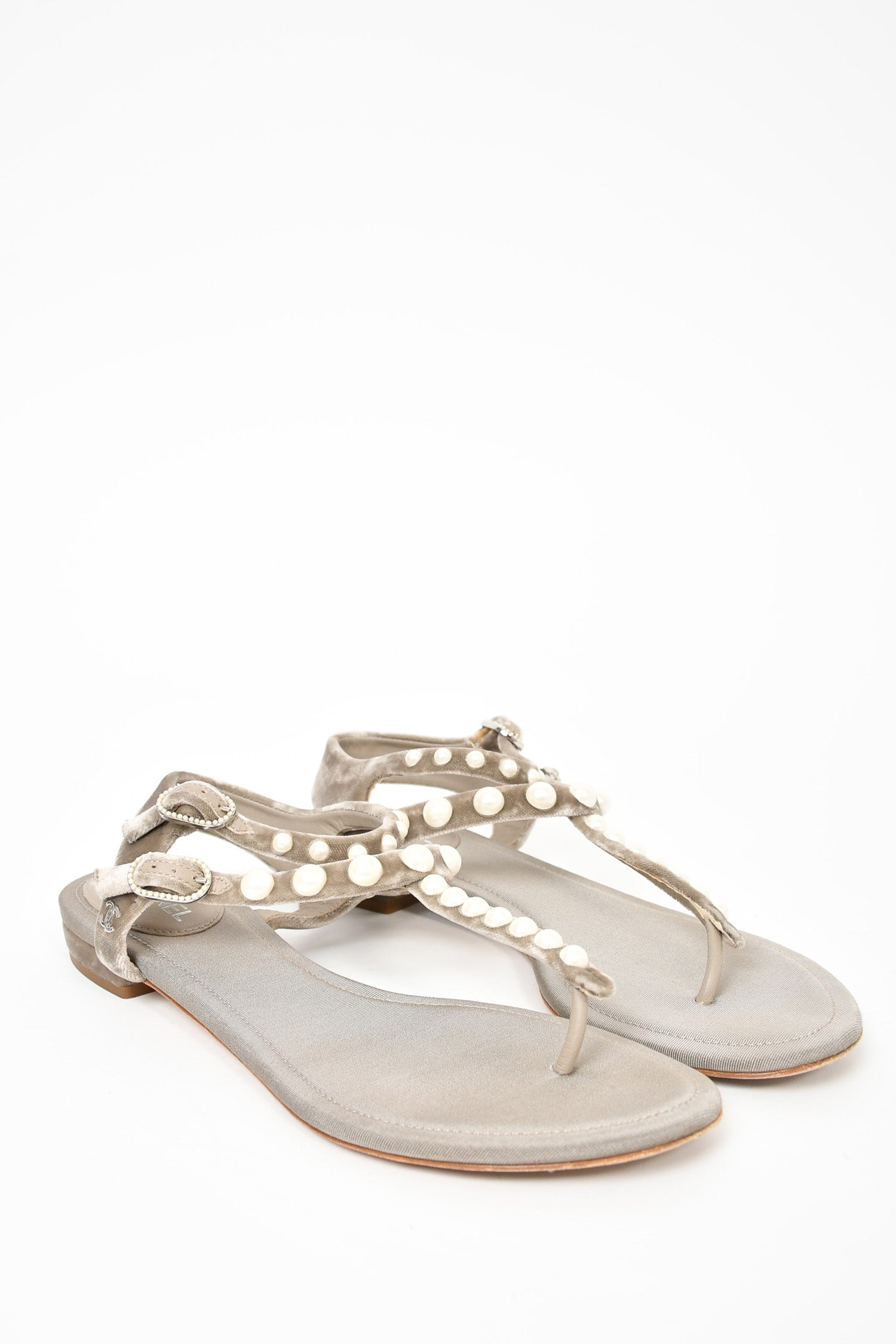 Chanel™ Grey Velvet Pearl Embellished T-Strap Sandals Size 36.5