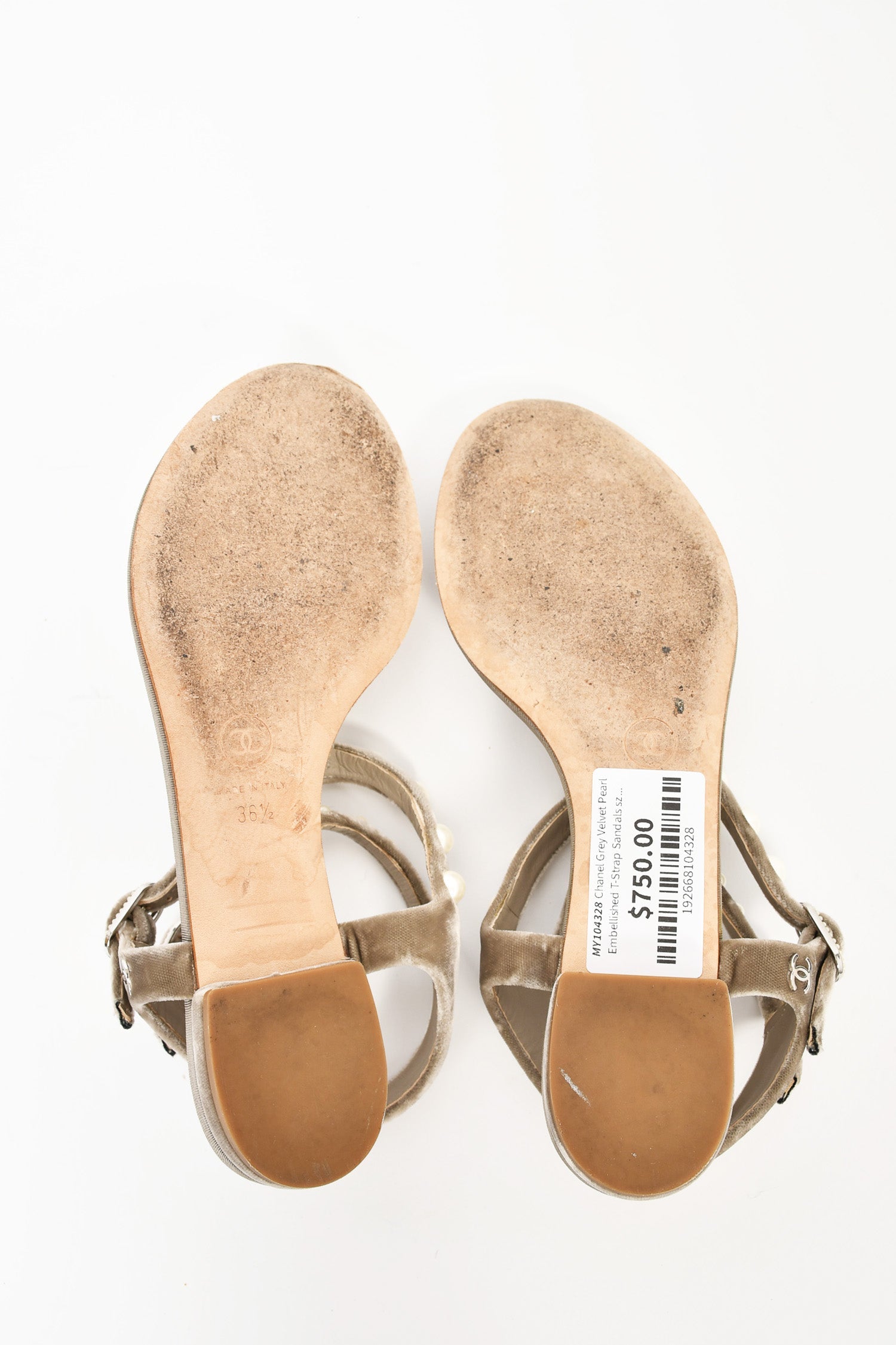 Chanel™ Grey Velvet Pearl Embellished T-Strap Sandals Size 36.5