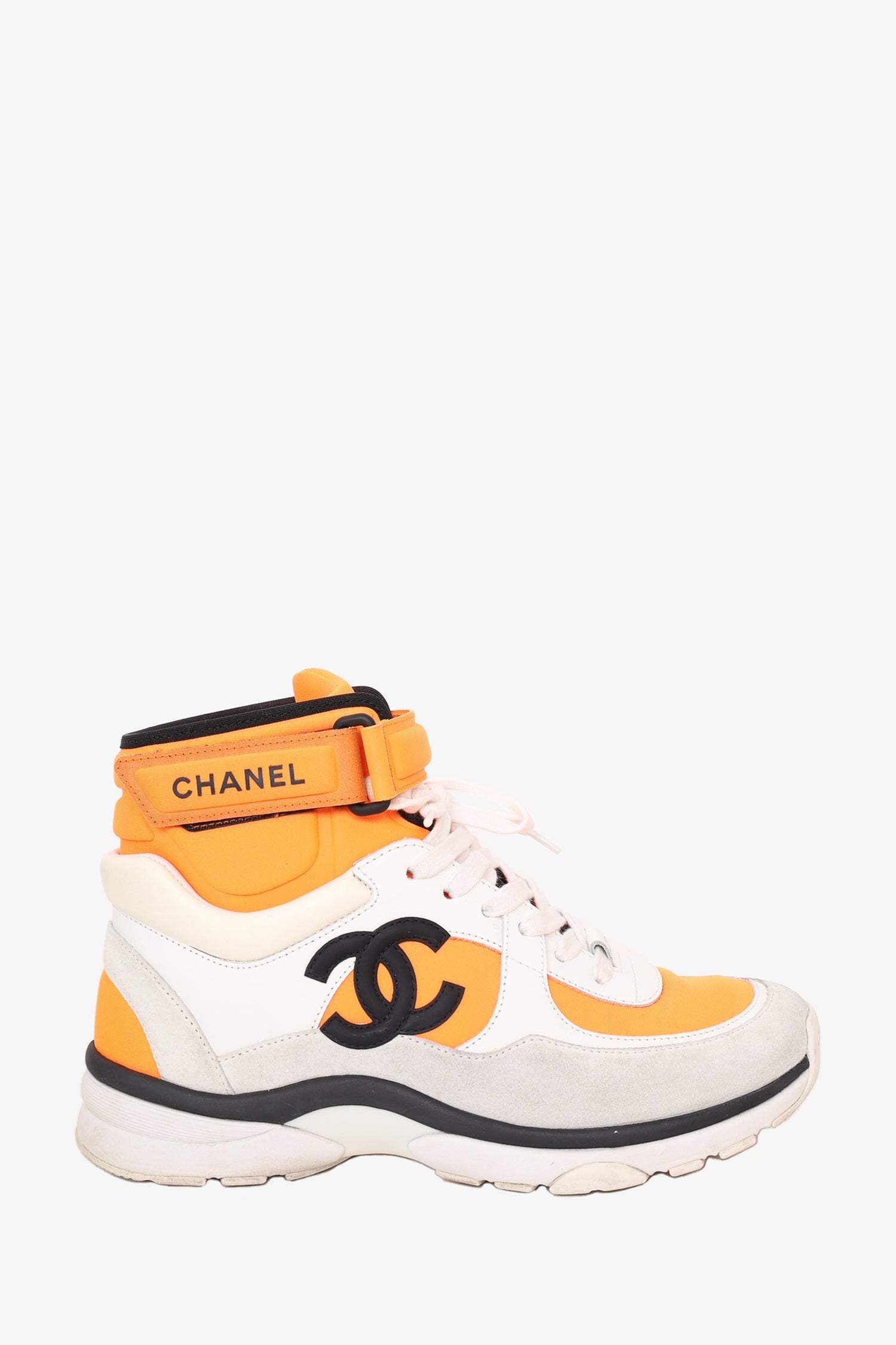 Chanel™ White/Orange Fabric/Leather Interlocking CC High Top Sneakers Size 37