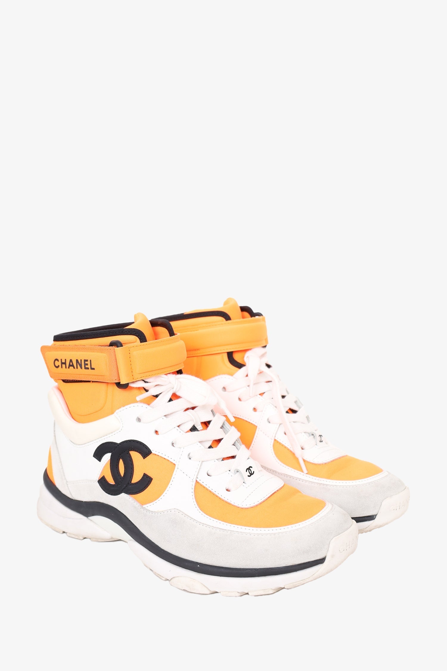 Chanel™ White/Orange Fabric/Leather Interlocking CC High Top Sneakers Size 37