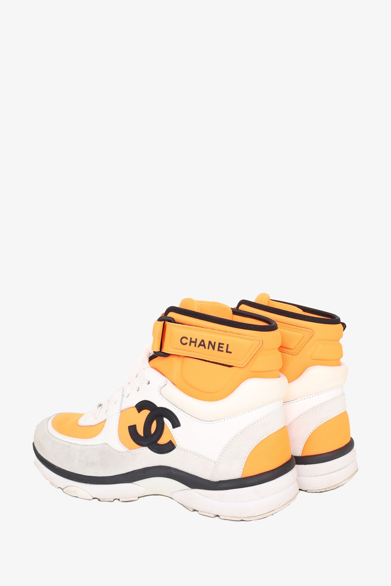 Chanel™ White/Orange Fabric/Leather Interlocking CC High Top Sneakers Size 37