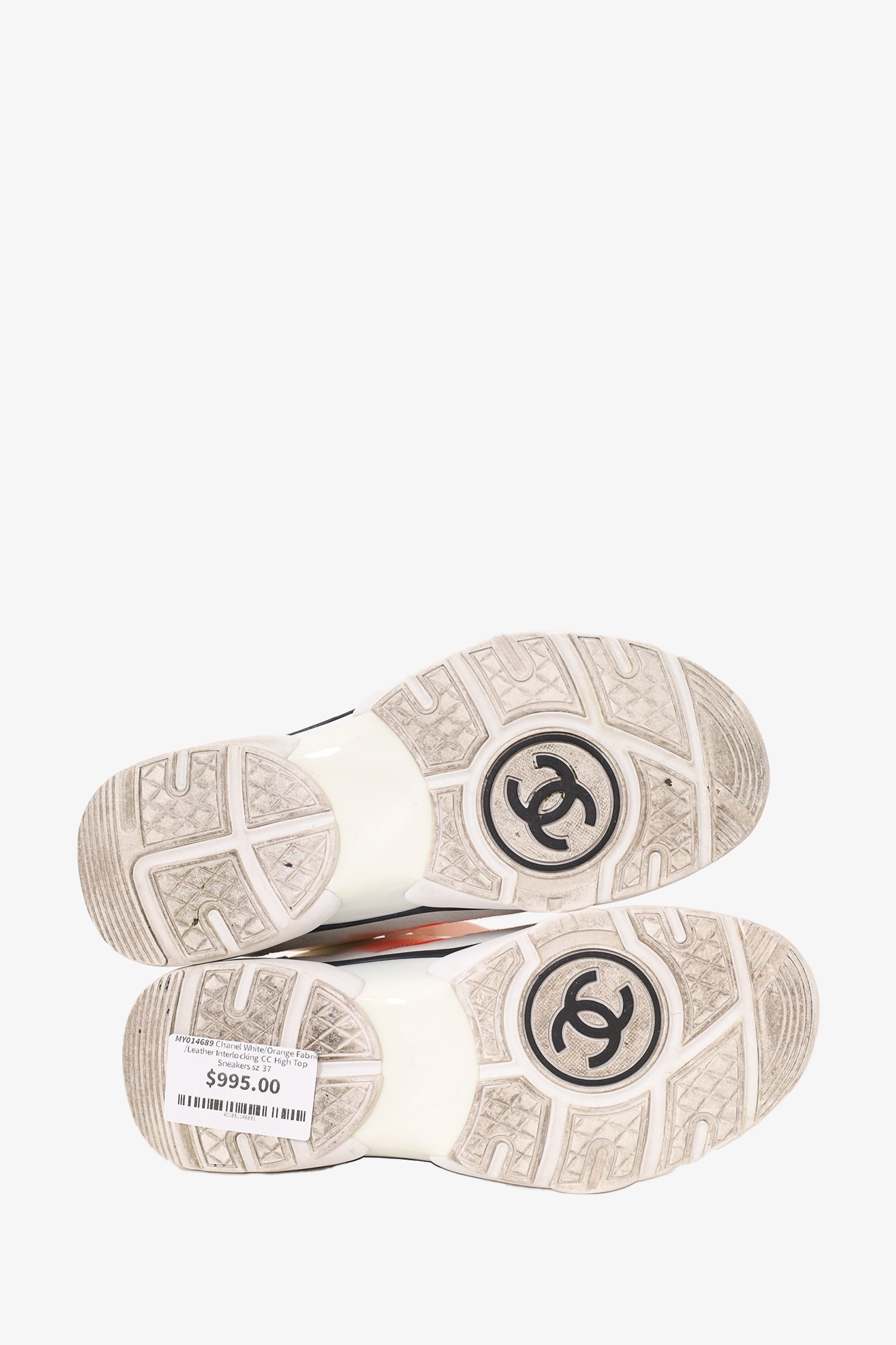 Chanel™ White/Orange Fabric/Leather Interlocking CC High Top Sneakers Size 37