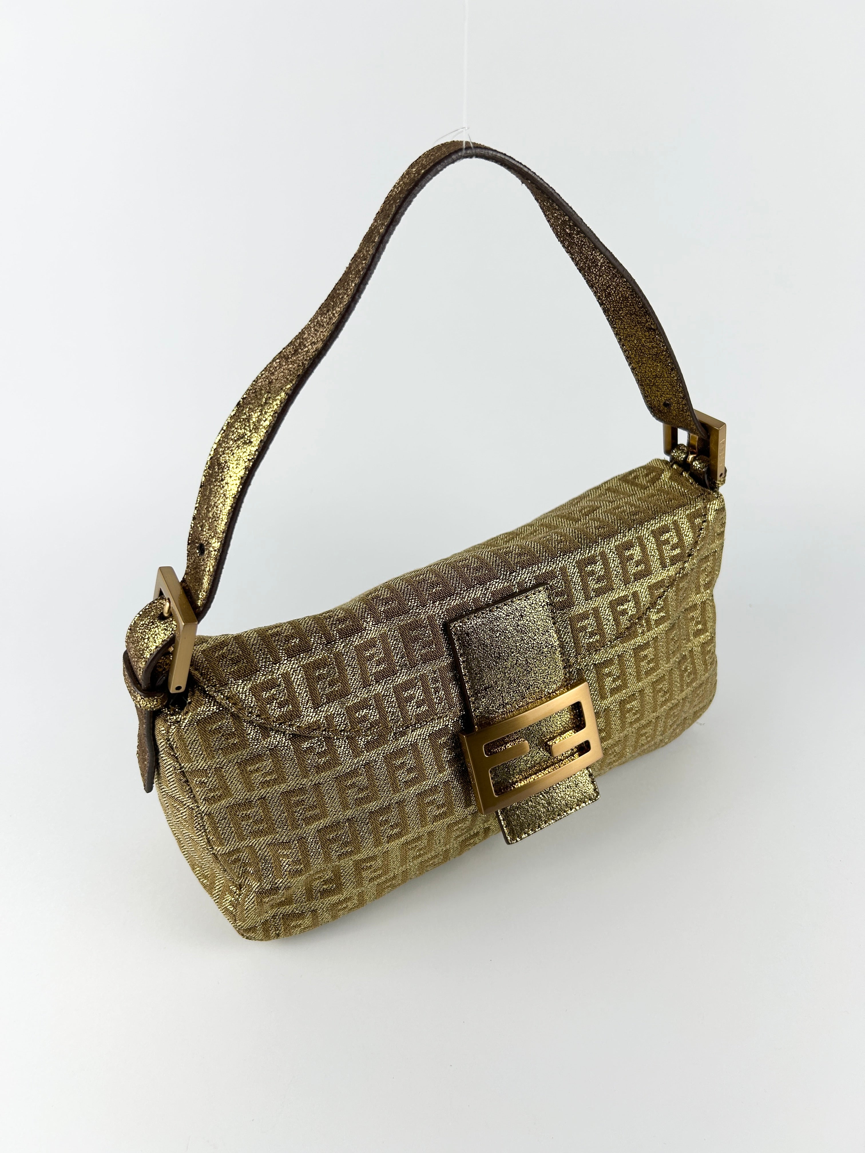 Vintage Fendi Zucca Lurex Gold Baguette Shoulder Bag