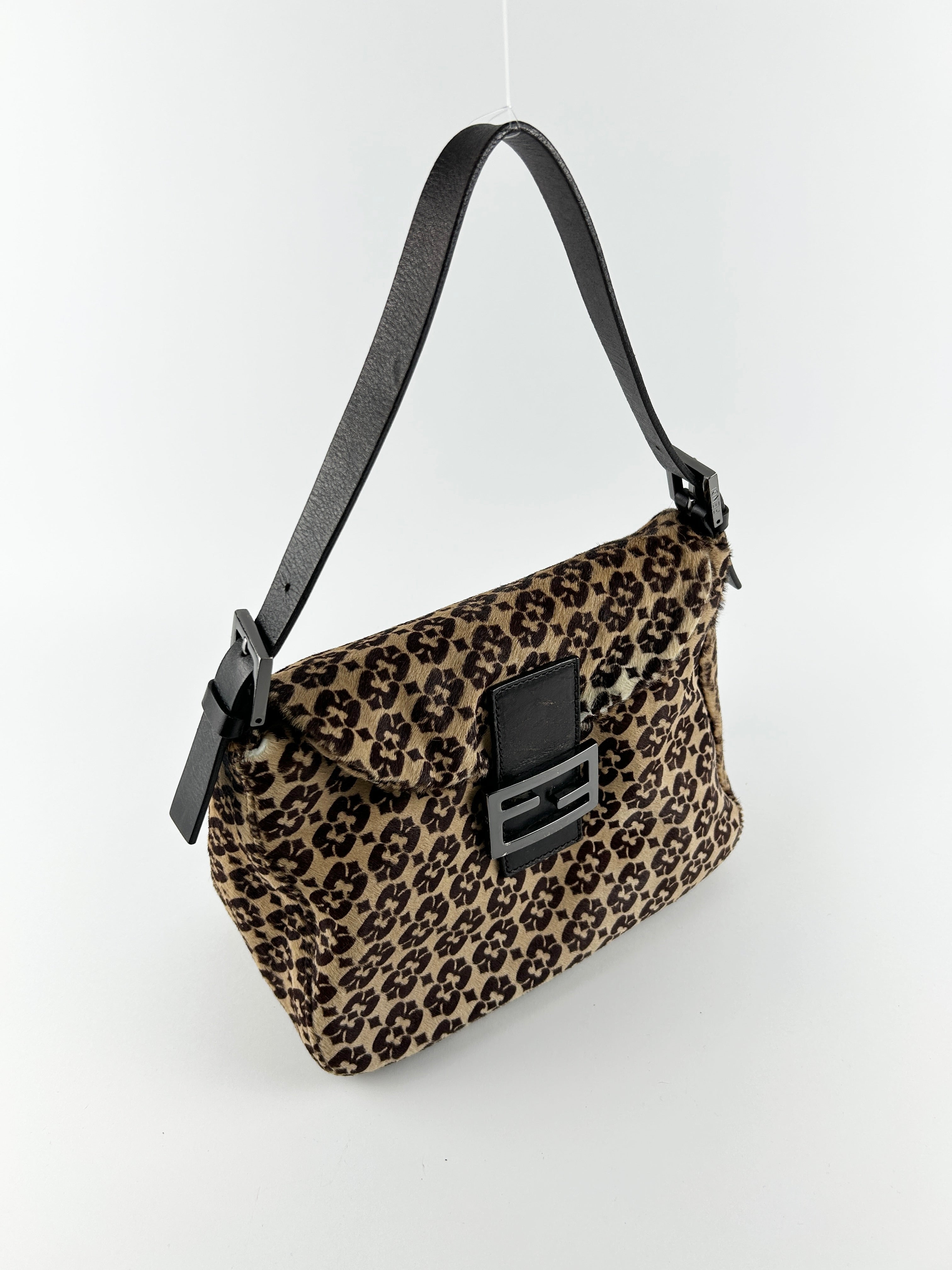 Vintage Fendi Zucca Calf Hair Mamma Baguette Shoulder Bag