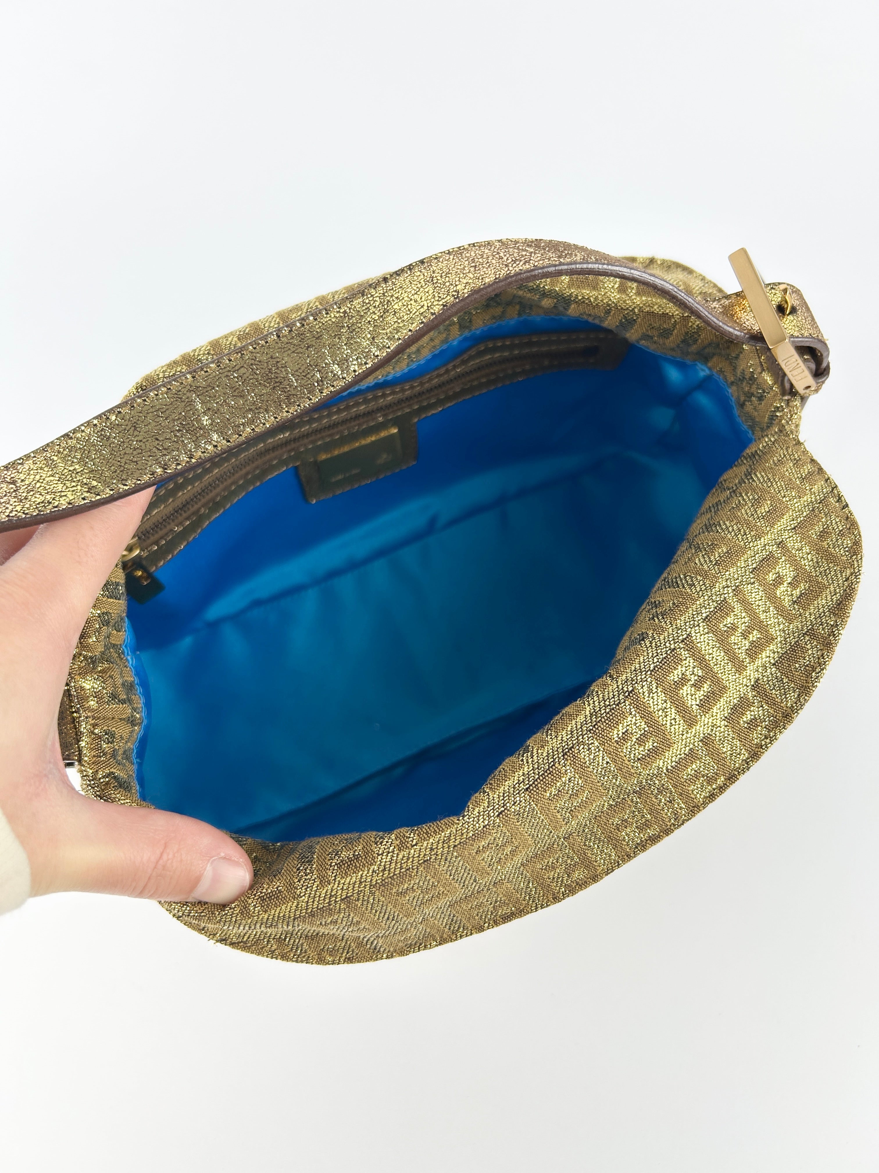 Vintage Fendi Zucca Lurex Gold Baguette Shoulder Bag