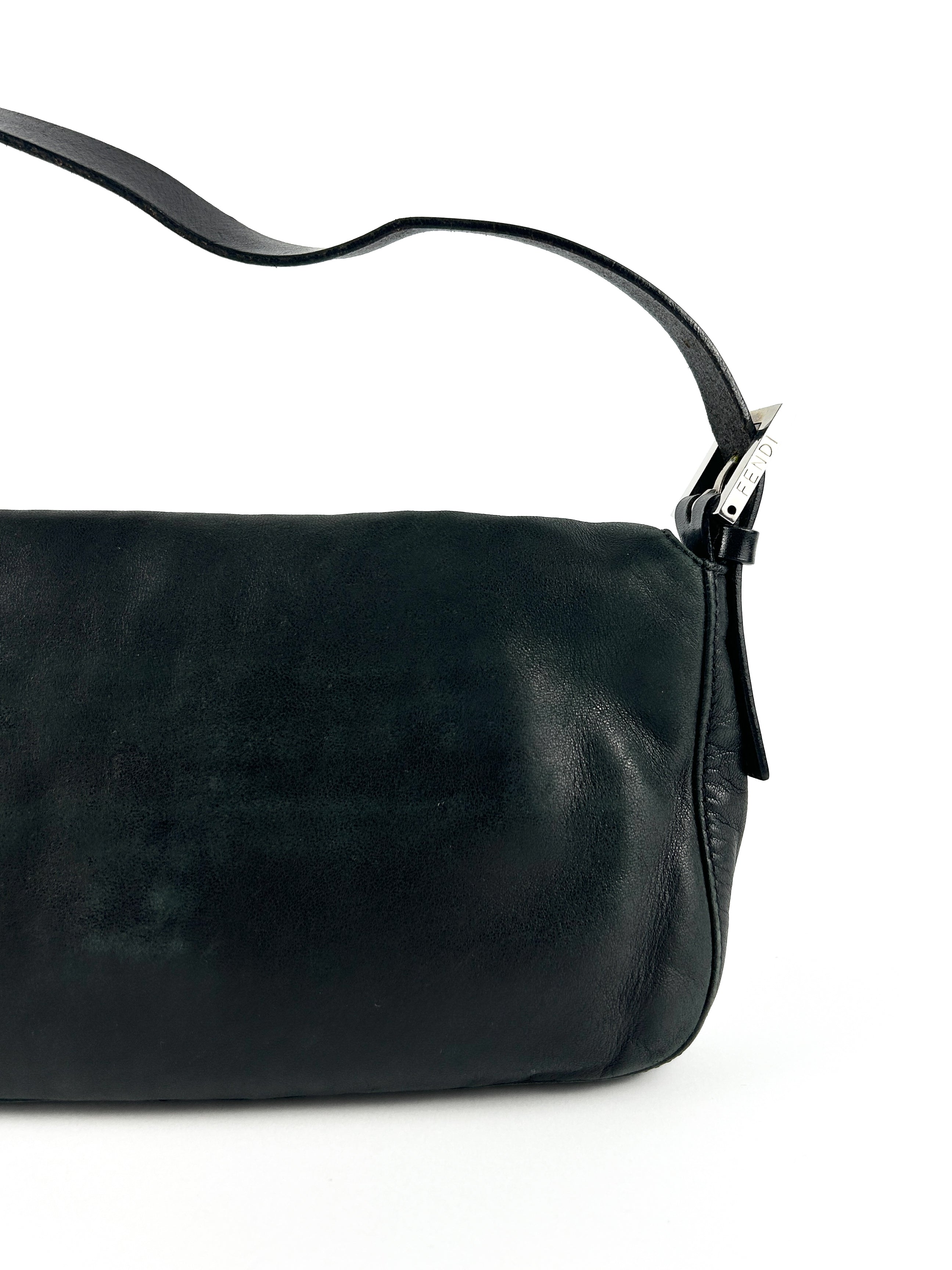 Vintage Fendi Black Leather Baguette Shoulder Bag